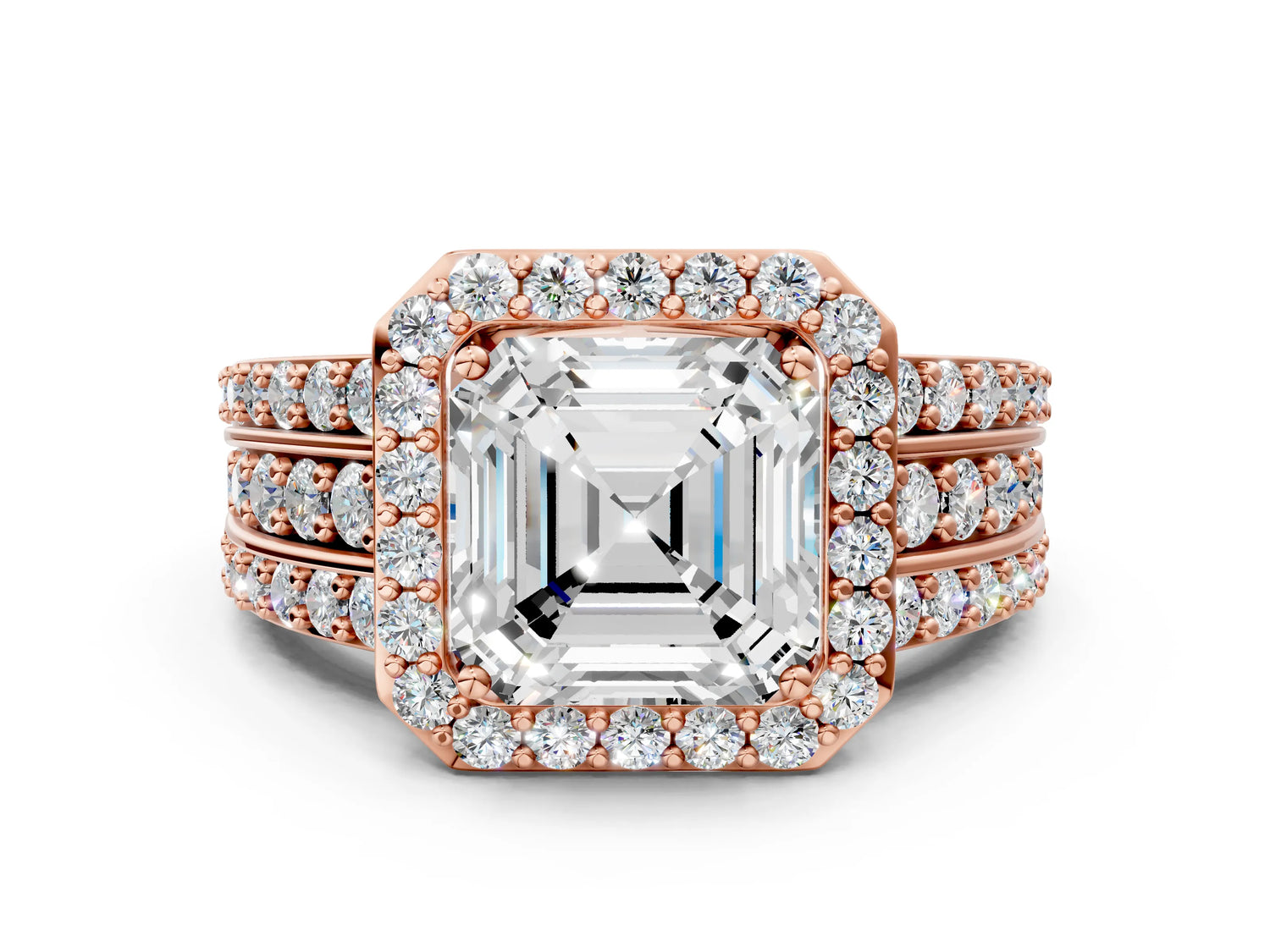 Asscher Cut Diamond Halo Engagement Ring in Rose gold with Triple-Row Round Band_18