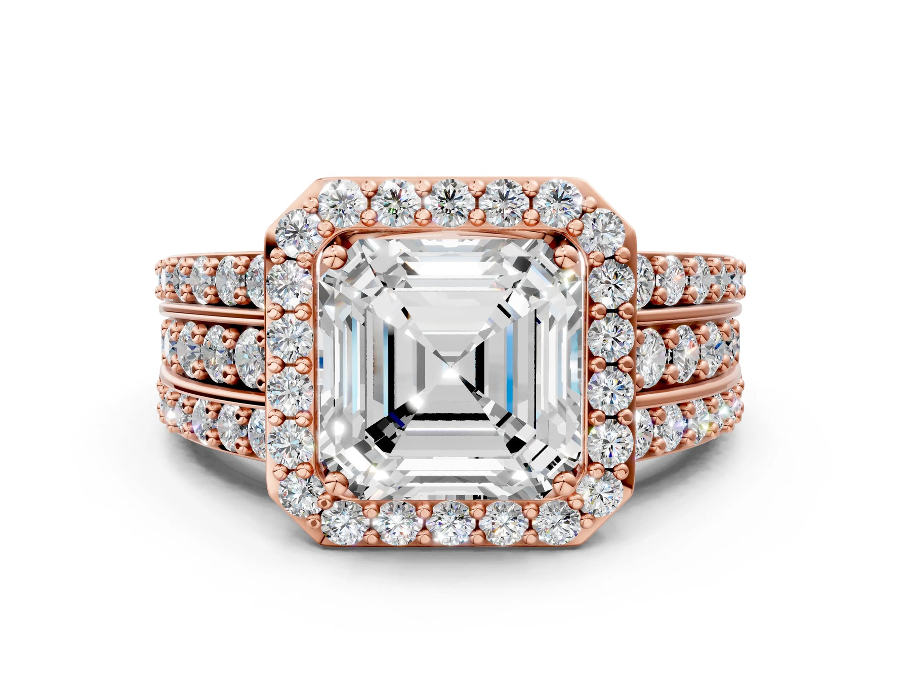 Asscher Cut Diamond Halo Engagement Ring in Rose gold with Triple-Row Round Band_18