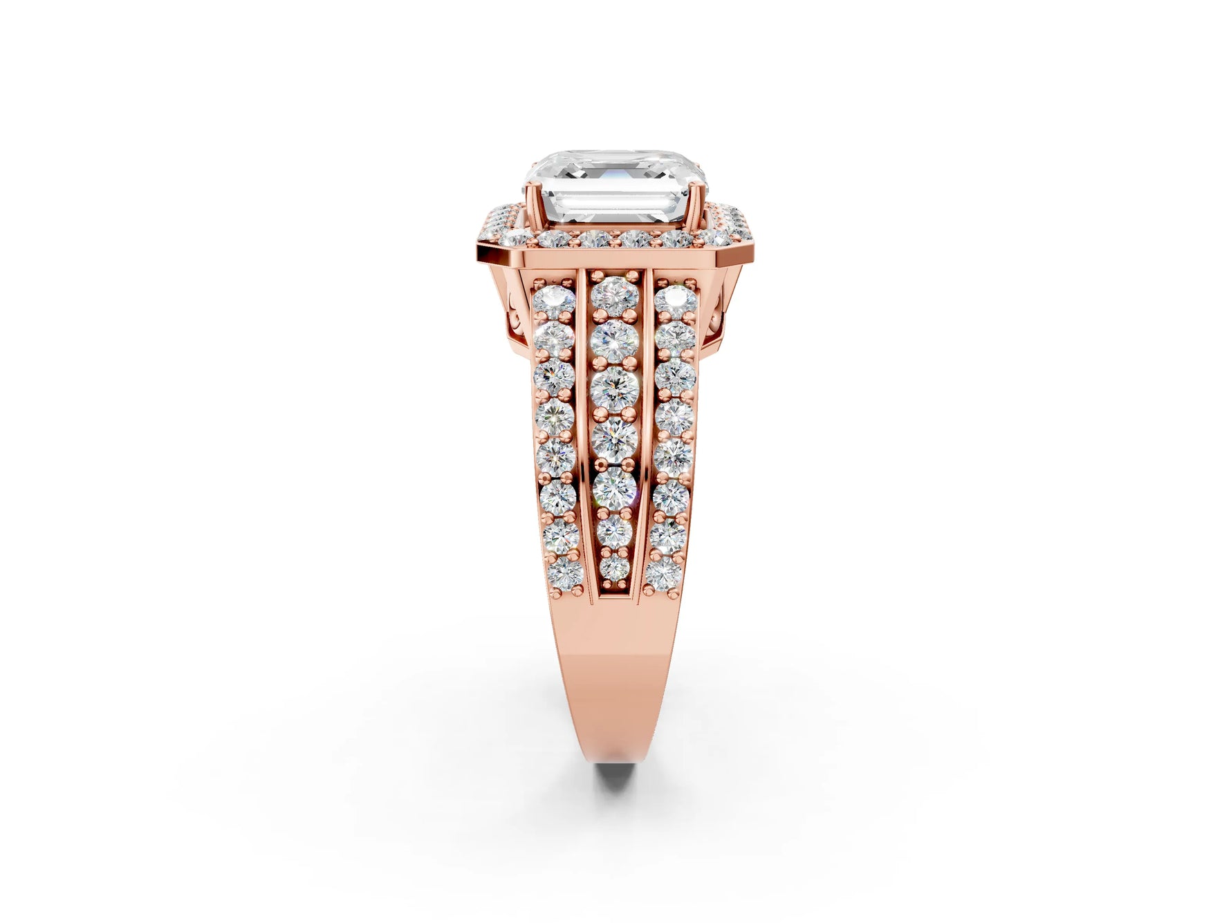 Asscher Cut Diamond Halo Engagement Ring in Rose gold with Triple-Row Round Band_20