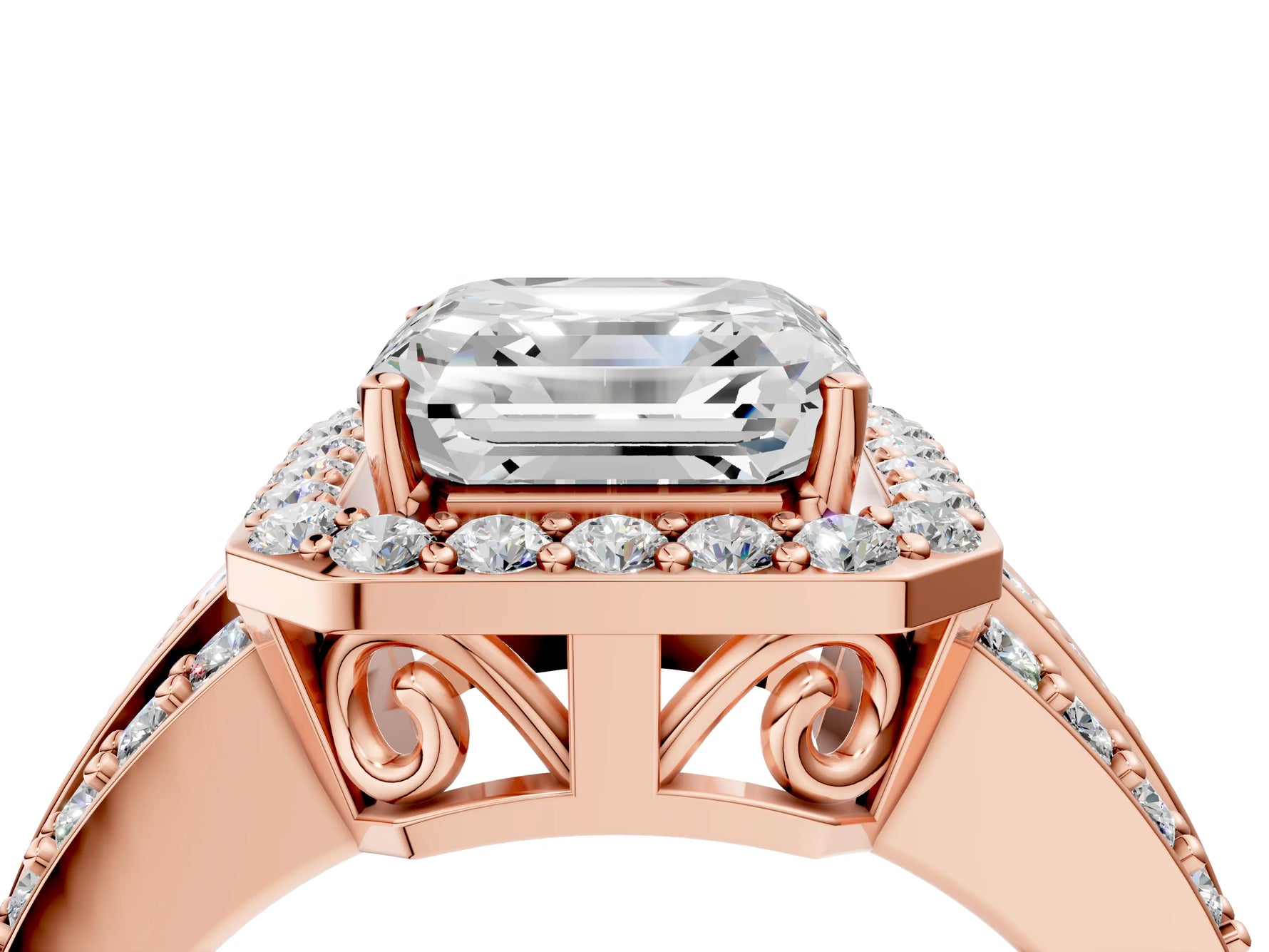 Asscher Cut Diamond Halo Engagement Ring in Rose gold with Triple-Row Round Band_22