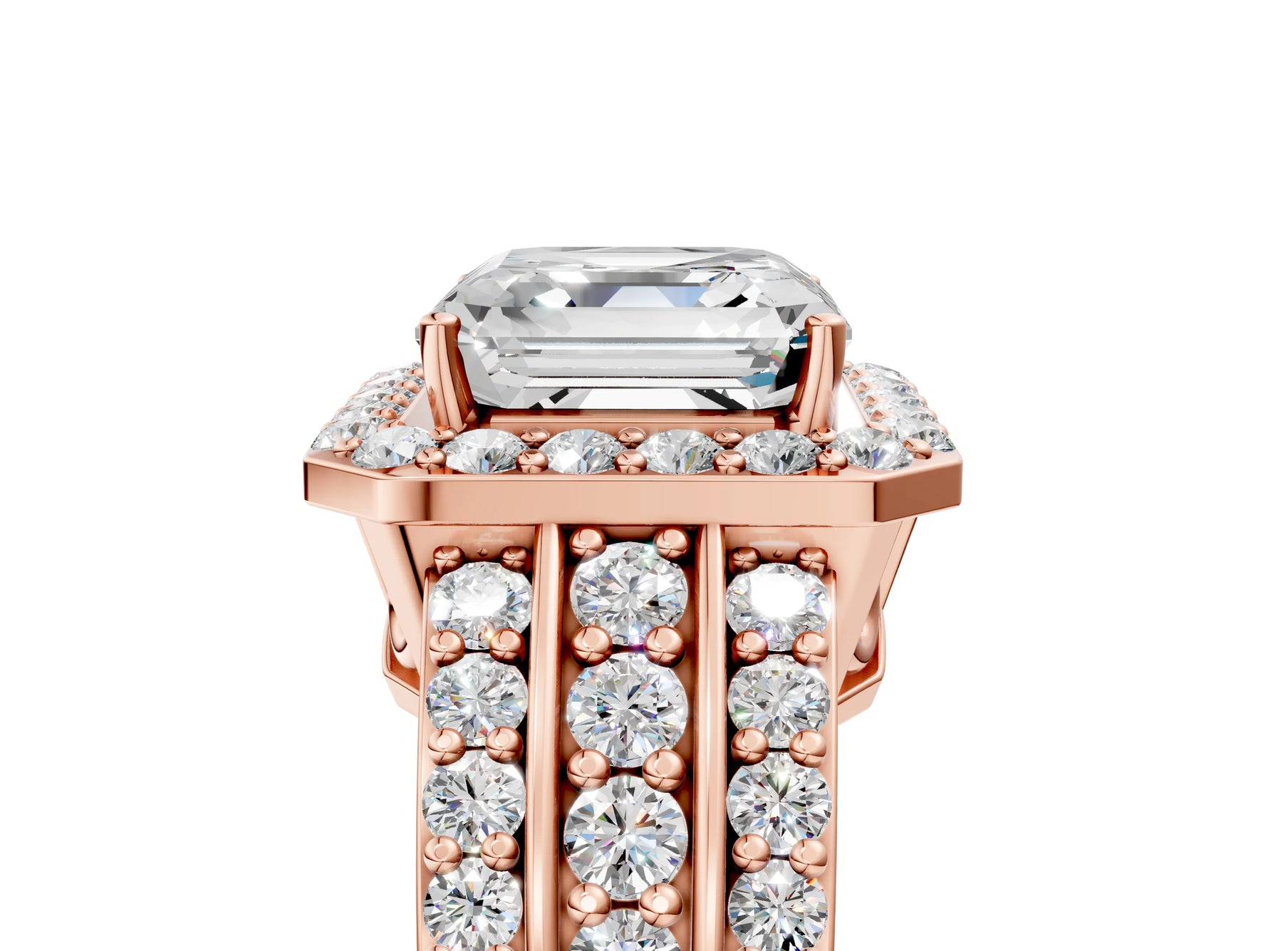 Asscher Cut Diamond Halo Engagement Ring in Rose gold with Triple-Row Round Band_23