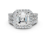 Asscher Cut Diamond Halo Engagement Ring in White gold with Triple-Row Round Band_18