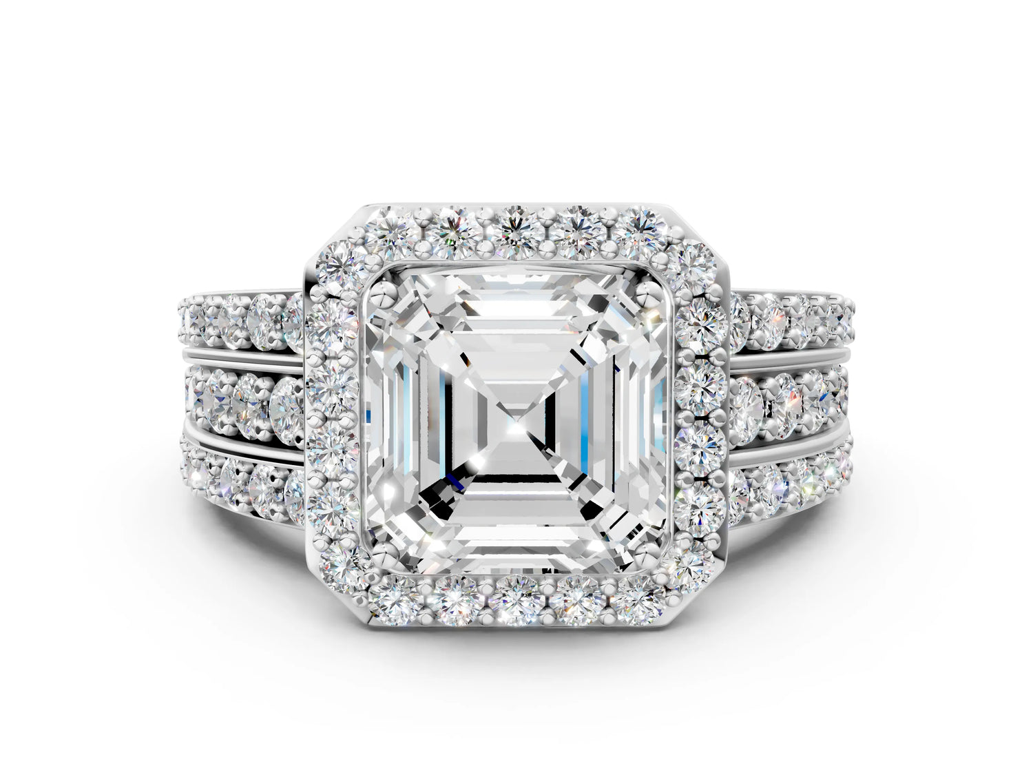 Asscher Cut Diamond Halo Engagement Ring in White gold with Triple-Row Round Band_18