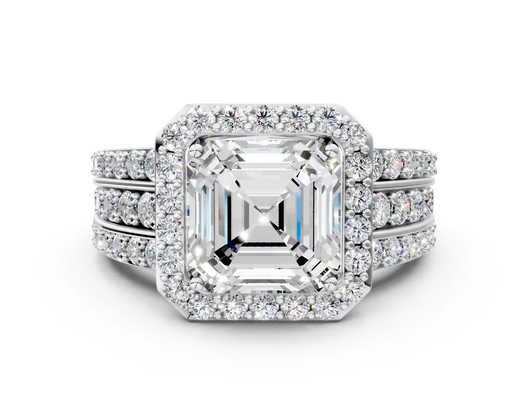 Asscher Cut Diamond Halo Engagement Ring in White gold with Triple-Row Round Band_18