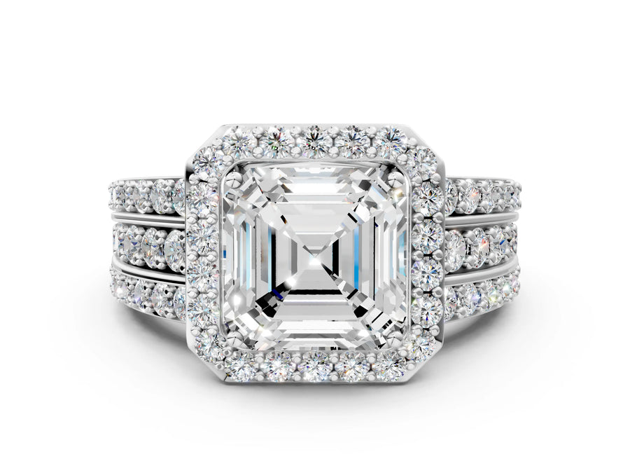 Asscher Cut Diamond Halo Engagement Ring in Silver with Triple-Row Round Band