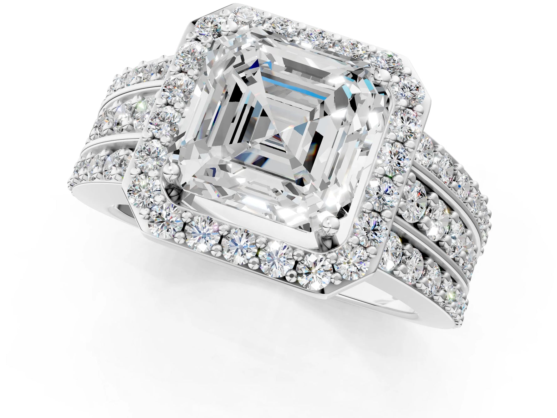 Asscher Cut Diamond Halo Engagement Ring in White gold with Triple-Row Round Band_19