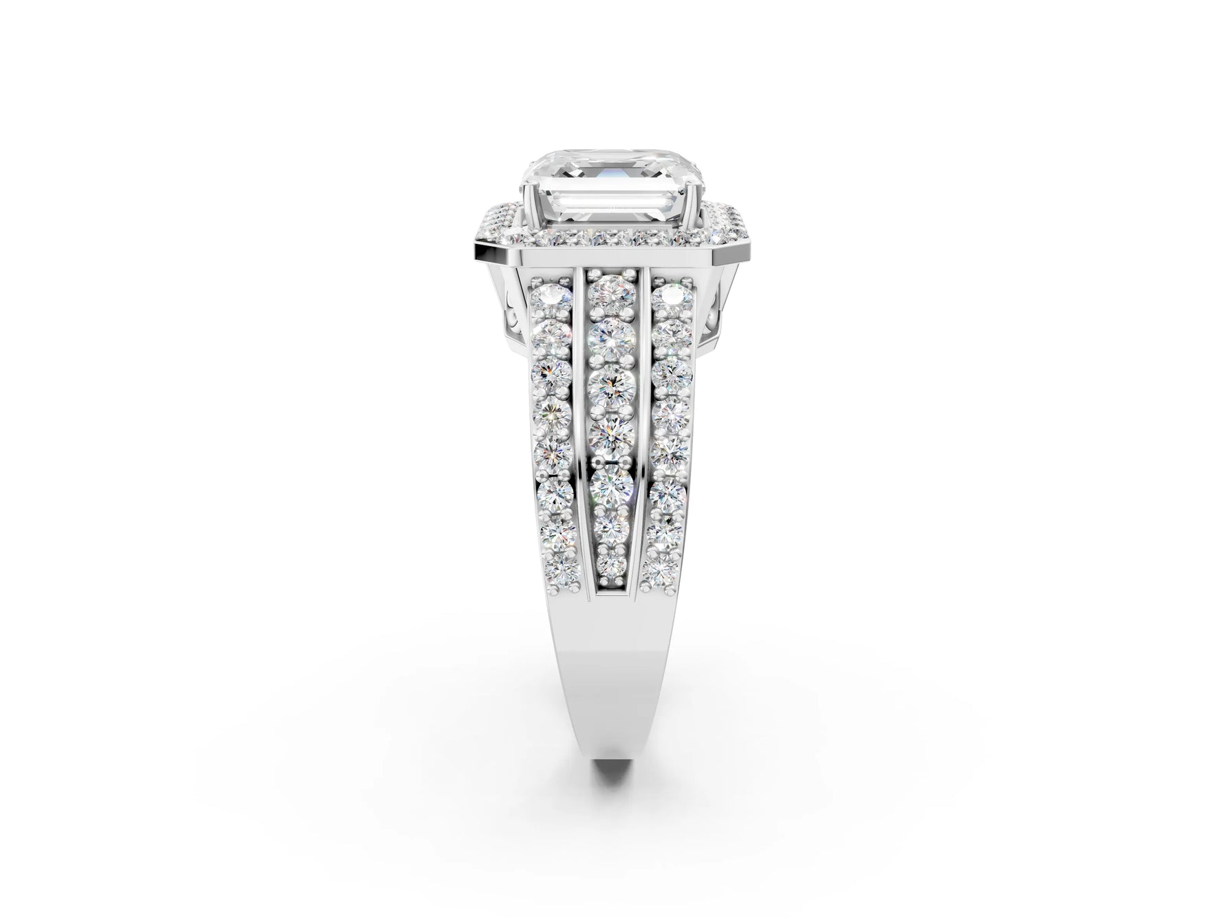 Asscher Cut Diamond Halo Engagement Ring in White gold with Triple-Row Round Band_20