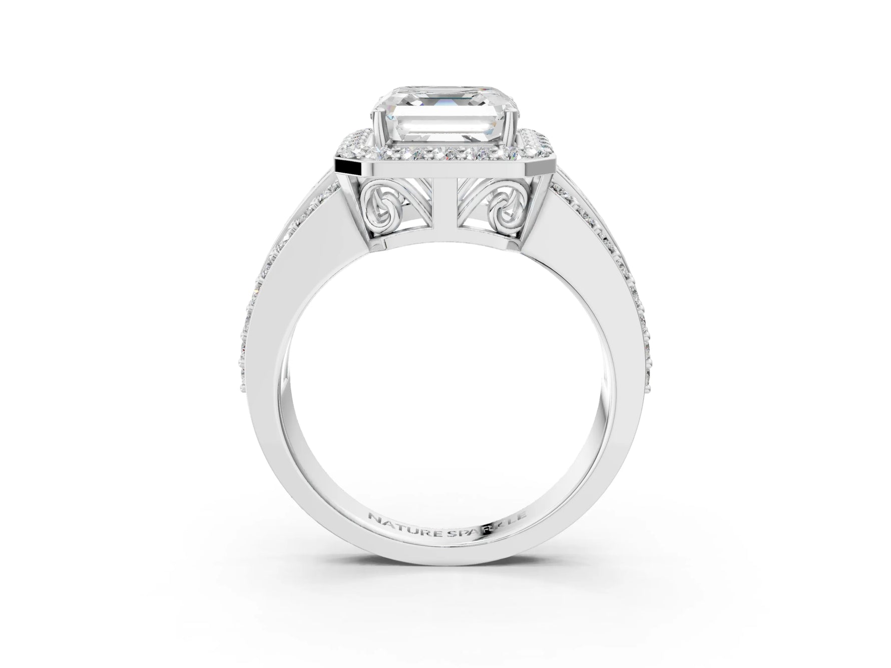 Asscher Cut Diamond Halo Engagement Ring in White gold with Triple-Row Round Band_21