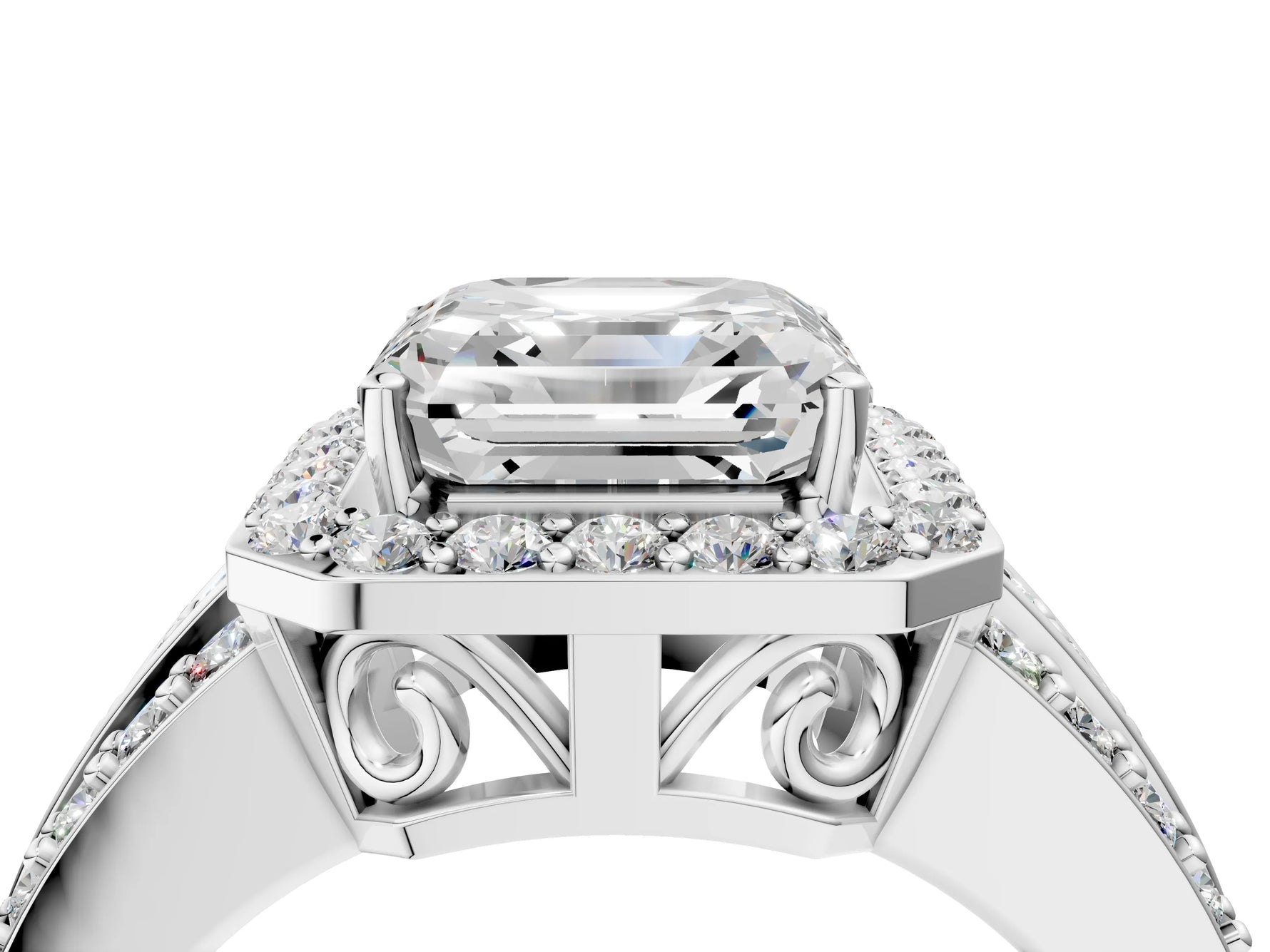 Asscher Cut Diamond Halo Engagement Ring in White gold with Triple-Row Round Band_22