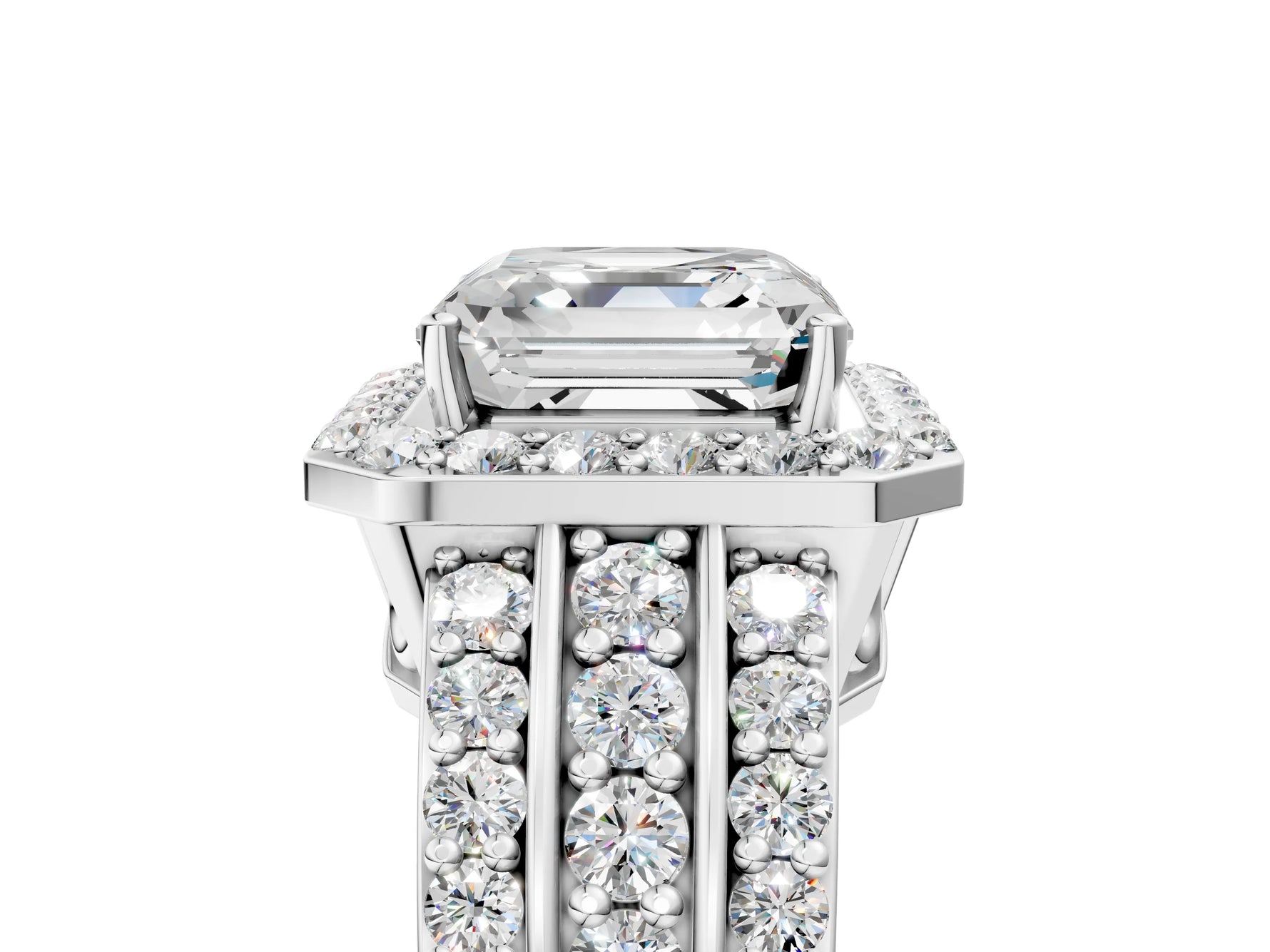 Asscher Cut Diamond Halo Engagement Ring in White gold with Triple-Row Round Band_23