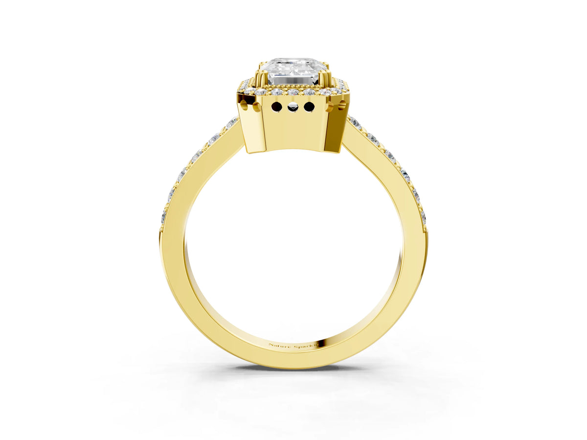 Asscher Cut Diamond Halo Engagement Ring in Yellow gold with Milgrain Detail and Pavé Band_3