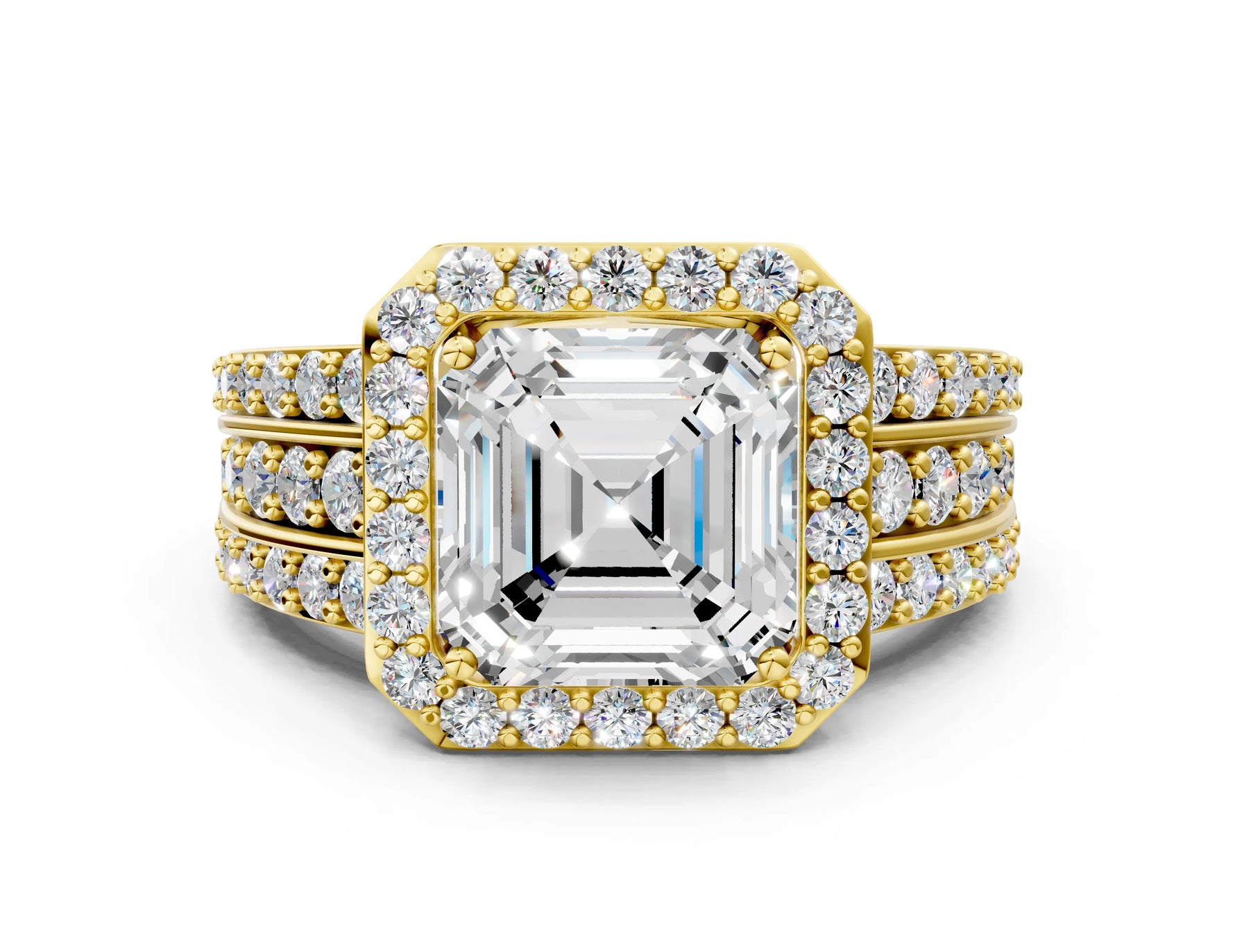 Asscher Cut Diamond Halo Engagement Ring in Yellow gold with Triple-Row Round Band_18