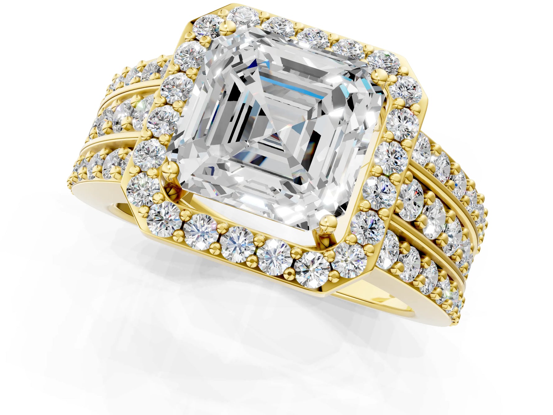 Asscher Cut Diamond Halo Engagement Ring in Yellow gold with Triple-Row Round Band_19