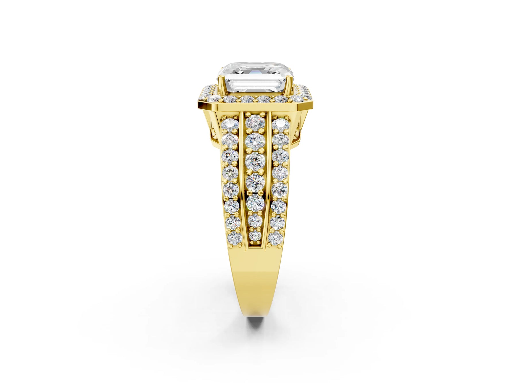 Asscher Cut Diamond Halo Engagement Ring in Yellow gold with Triple-Row Round Band_20