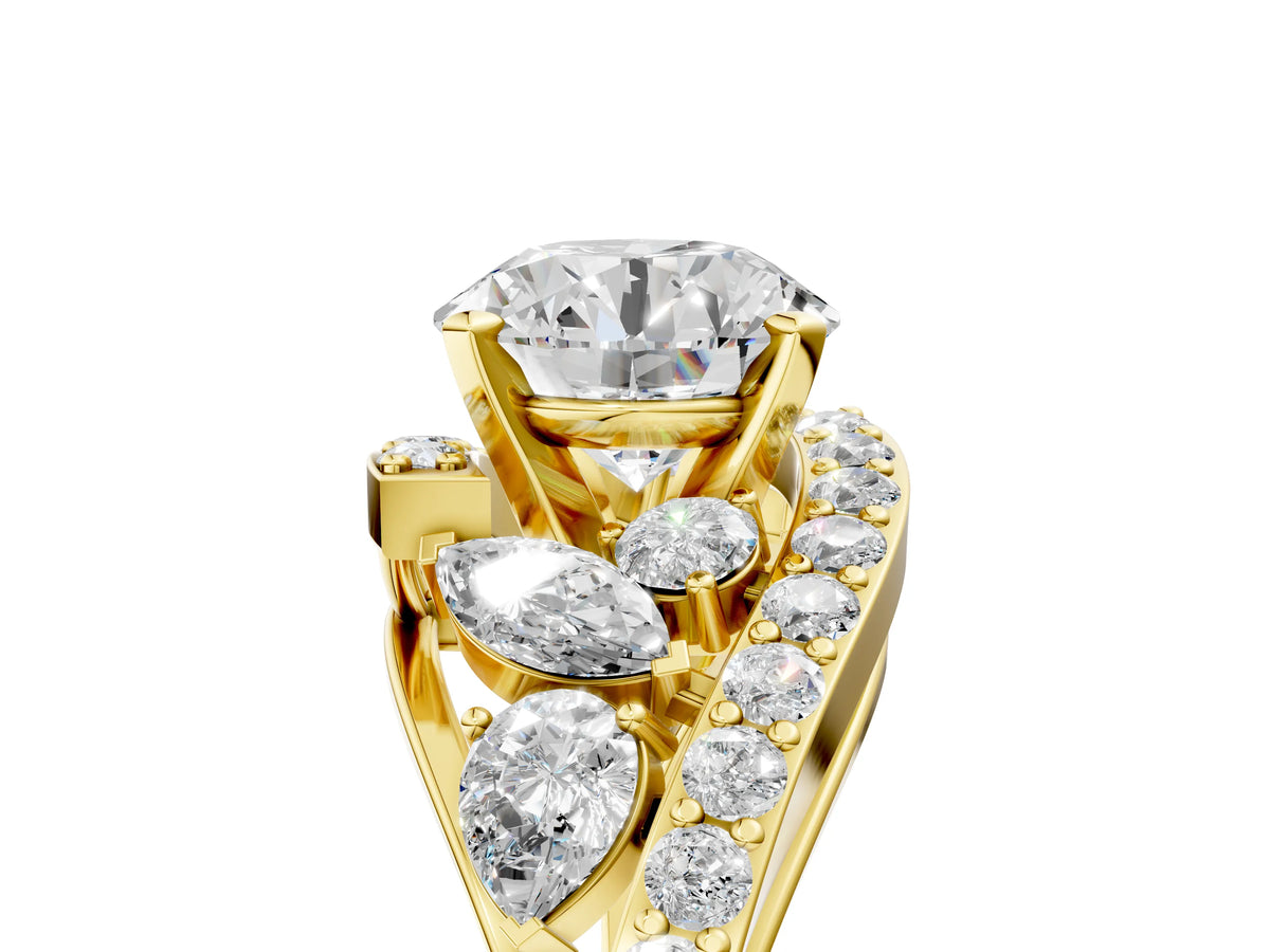 Asscher Cut Diamond Halo Ring in Yellow gold with Marquise and Pavé Band in Prong Setting_5