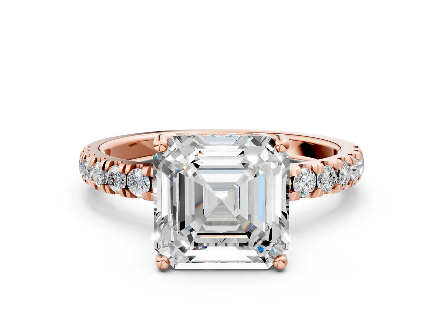 Asscher Cut Diamond Hidden Halo Engagement Ring in Rose gold with Round Pavé Band