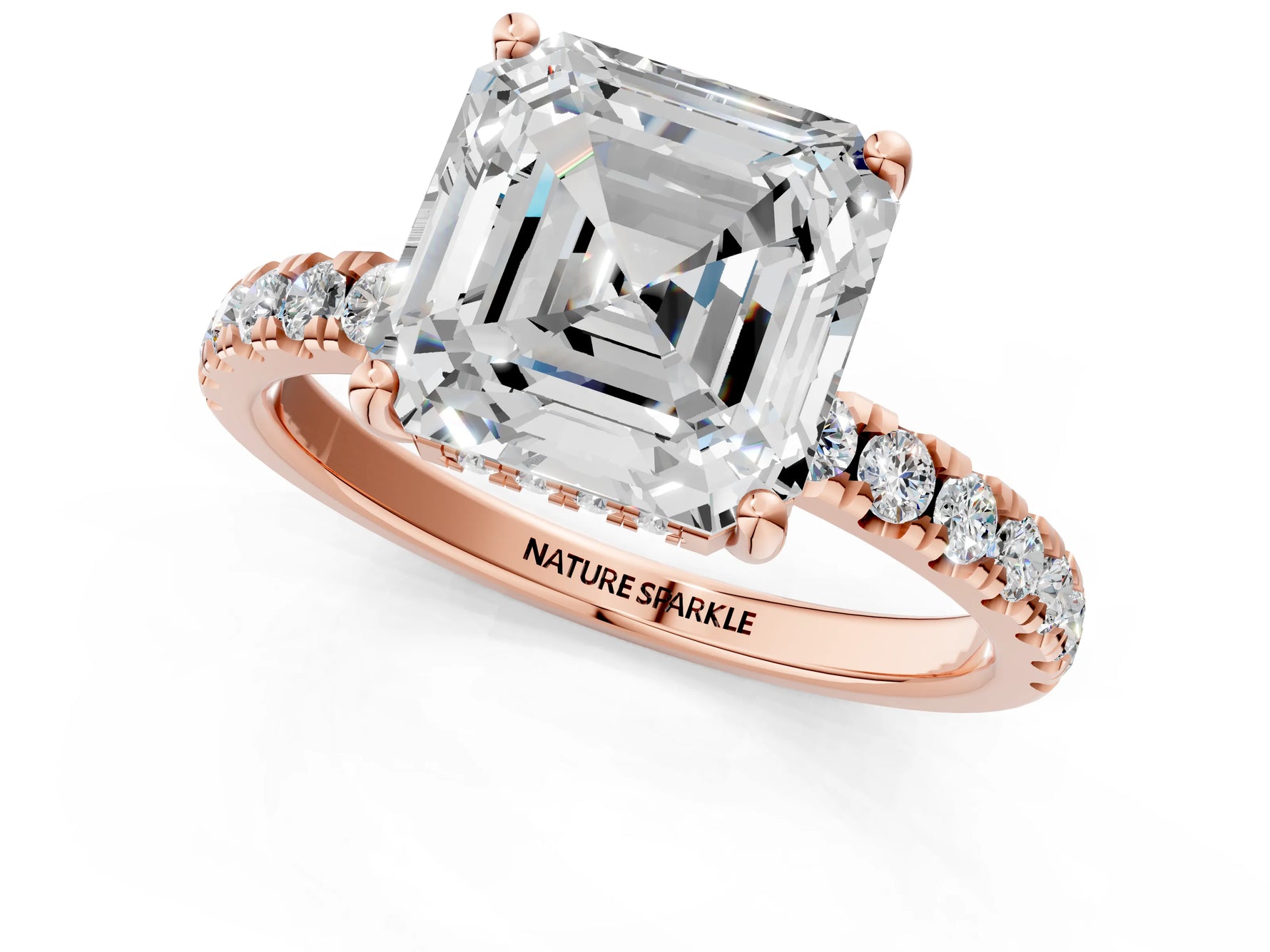 Asscher Cut Diamond Hidden Halo Engagement Ring in Rose gold with Round Pavé Band_19