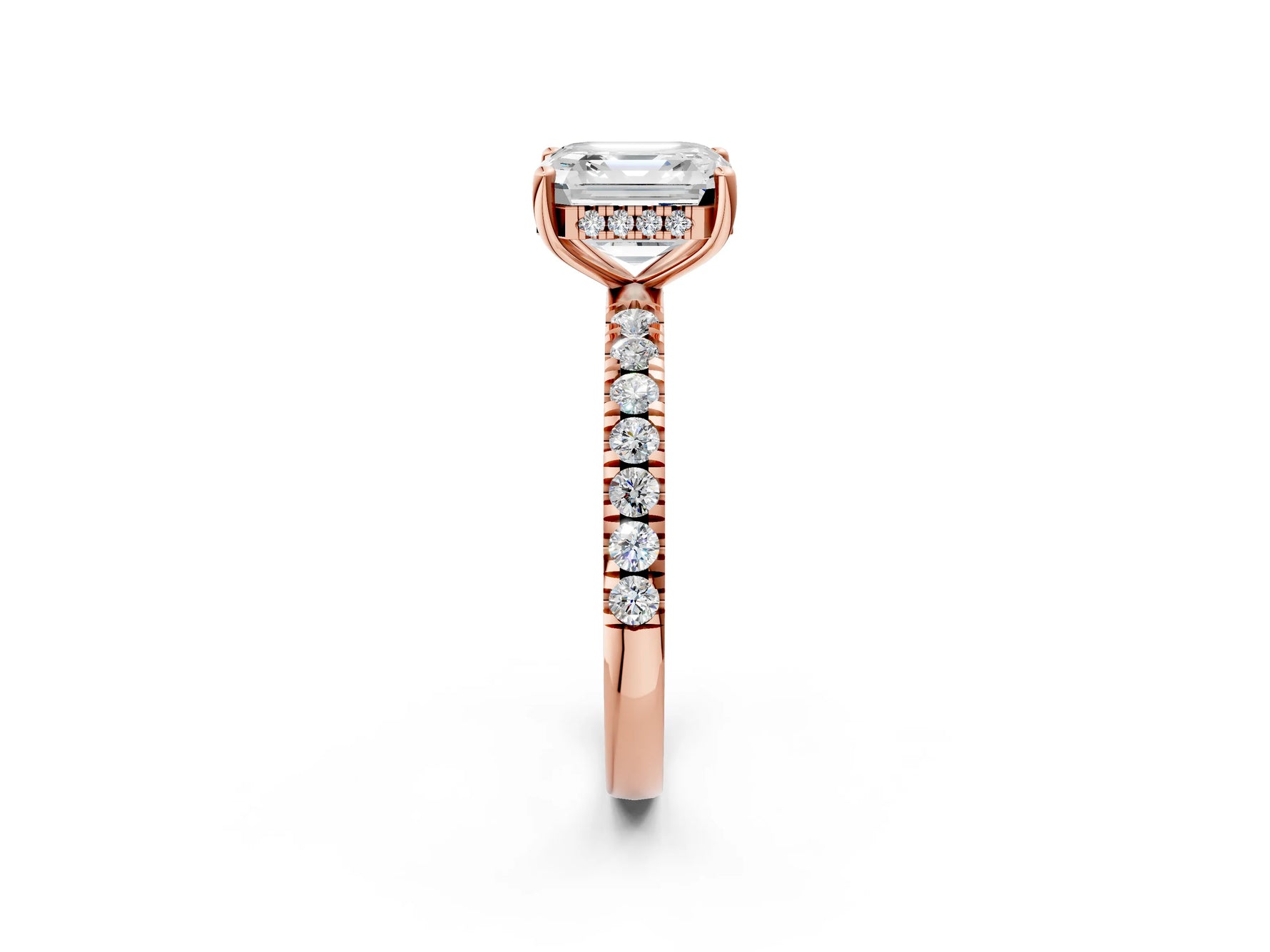 Asscher Cut Diamond Hidden Halo Engagement Ring in Rose gold with Round Pavé Band_20