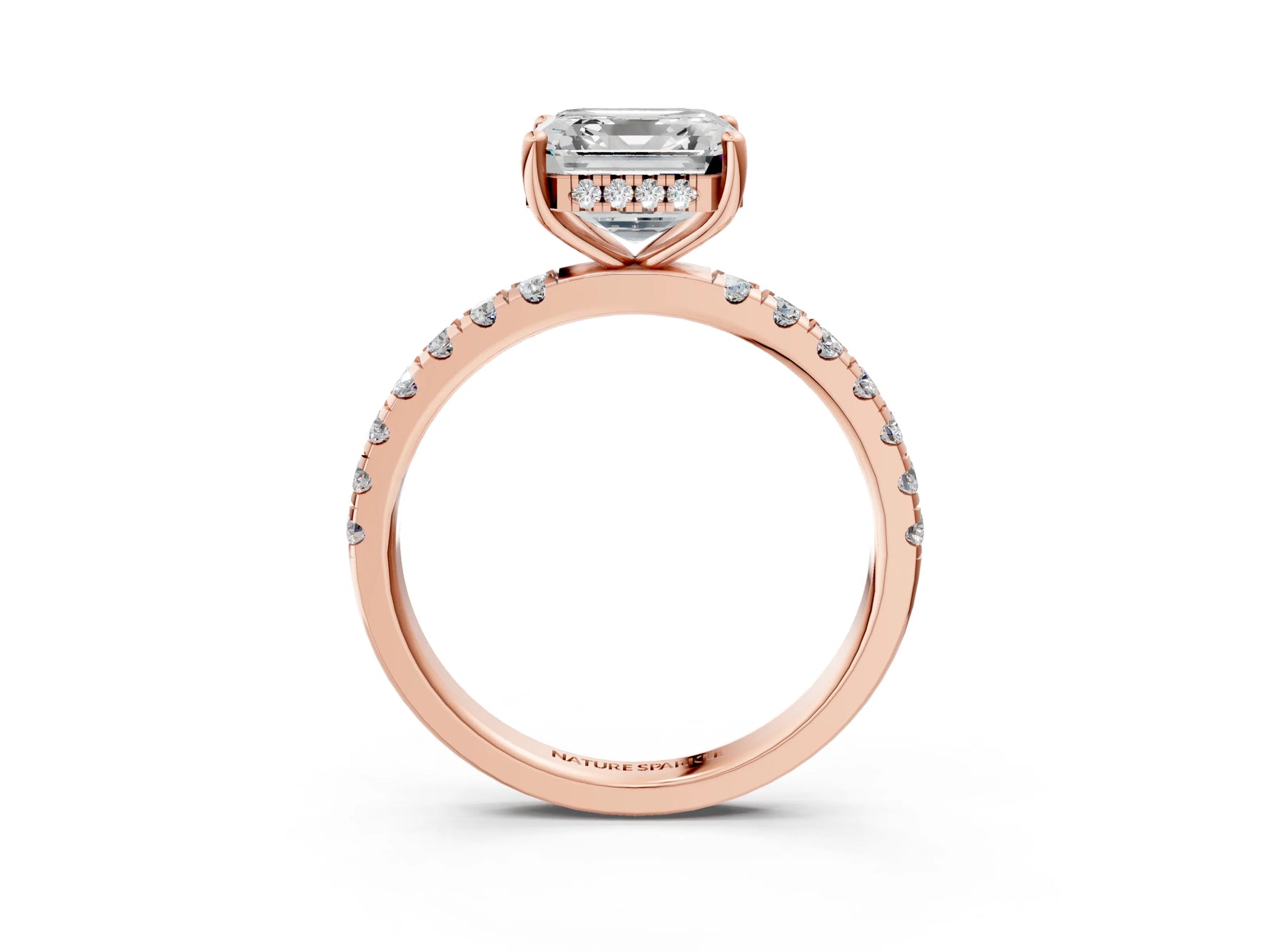 Asscher Cut Diamond Hidden Halo Engagement Ring in Rose gold with Round Pavé Band_21
