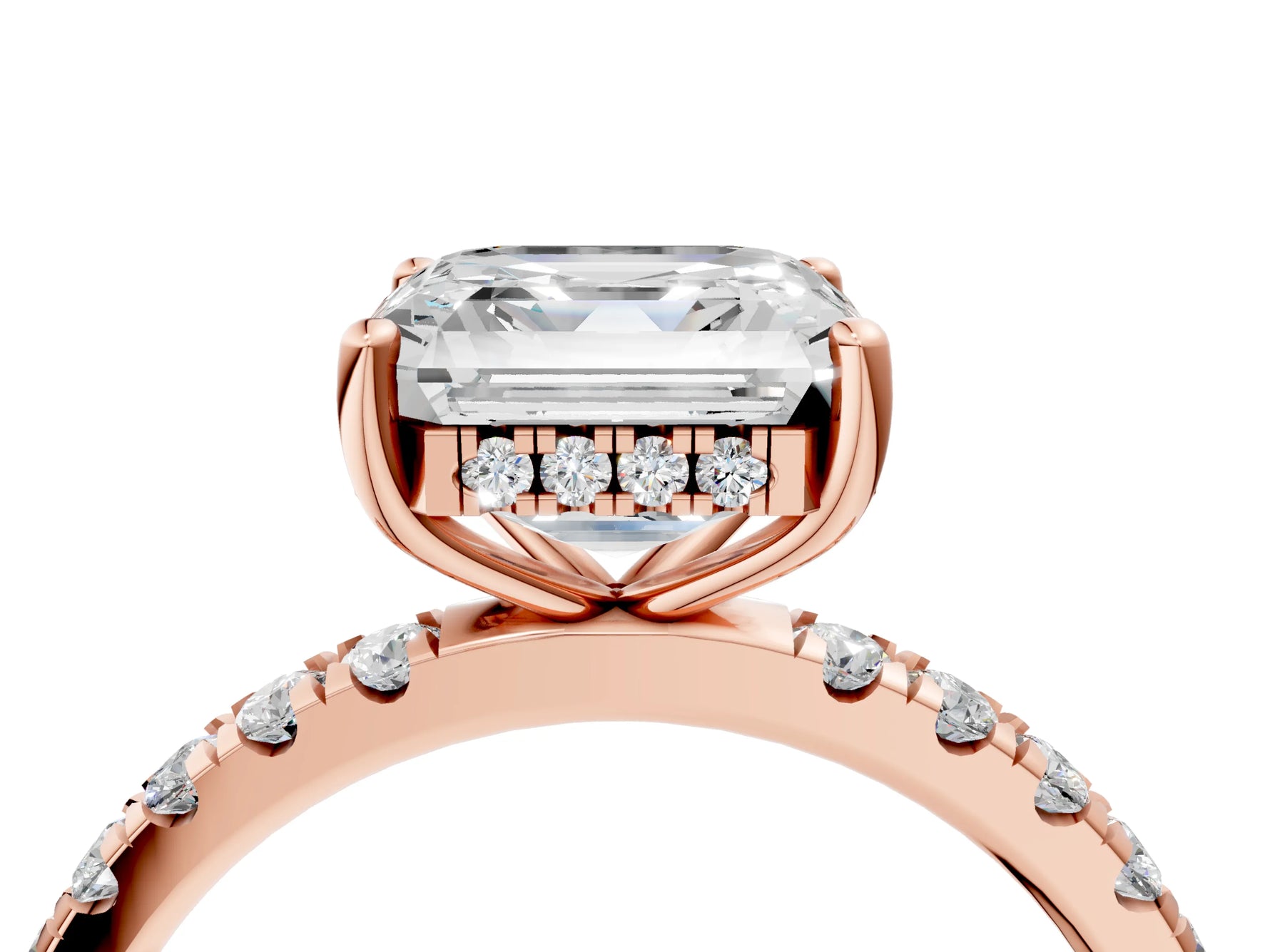 Asscher Cut Diamond Hidden Halo Engagement Ring in Rose gold with Round Pavé Band_22