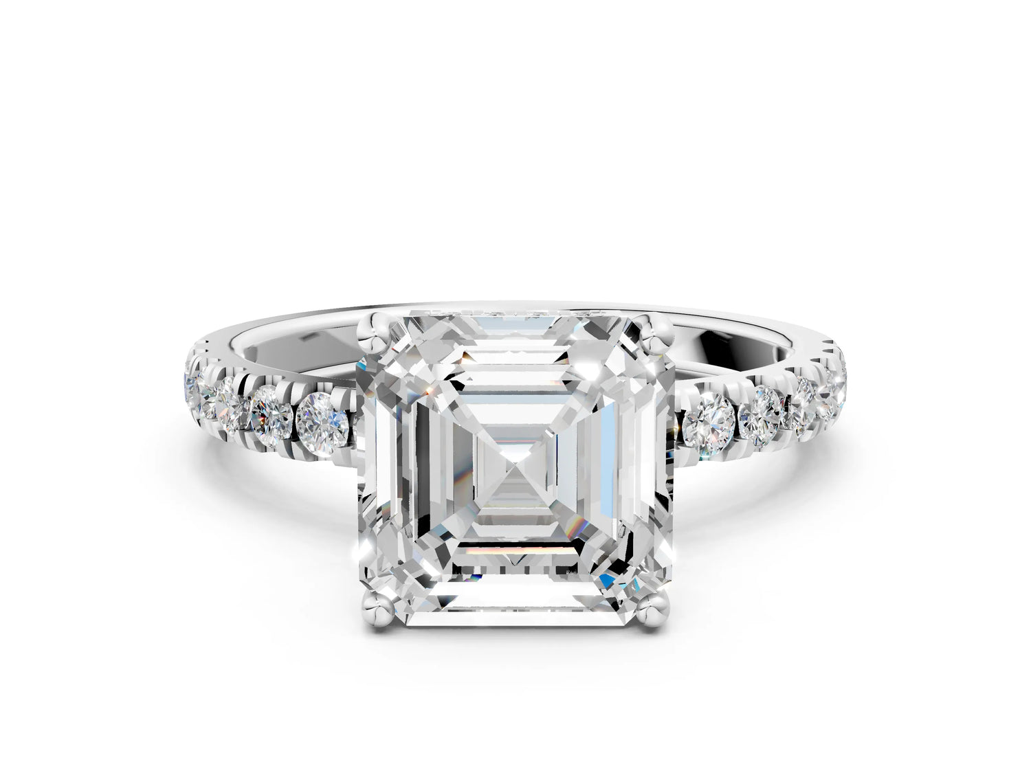 Asscher Cut Diamond Hidden Halo Engagement Ring in White gold with Round Pavé Band_18