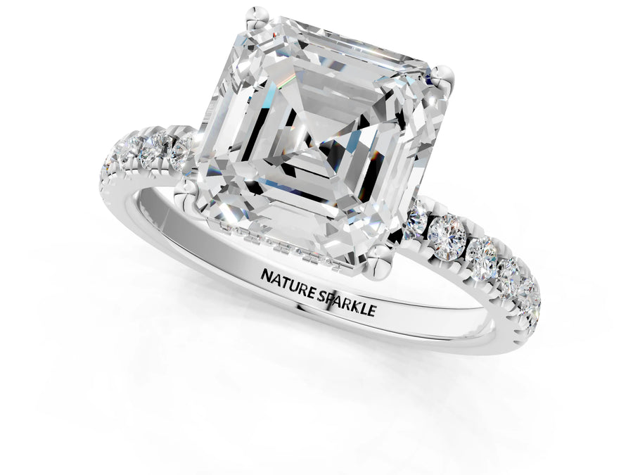 Asscher Cut Diamond Hidden Halo Engagement Ring in Platinum with Round Pavé Band
