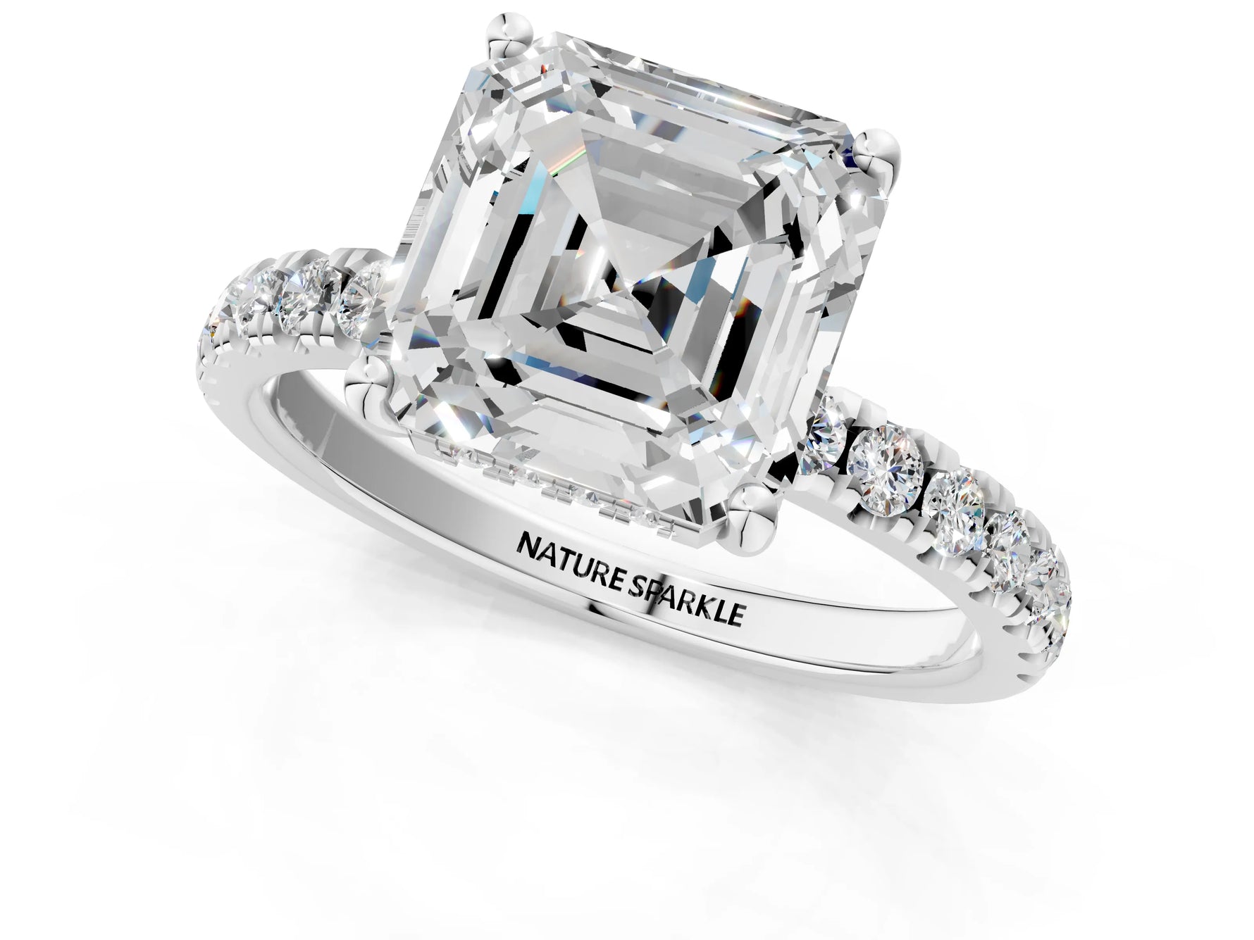 Asscher Cut Diamond Hidden Halo Engagement Ring in White gold with Round Pavé Band_19