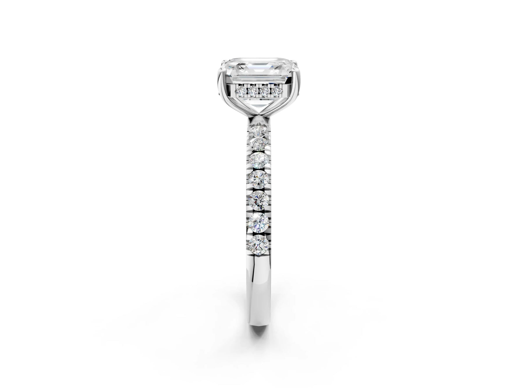 Asscher Cut Diamond Hidden Halo Engagement Ring in White gold with Round Pavé Band_20