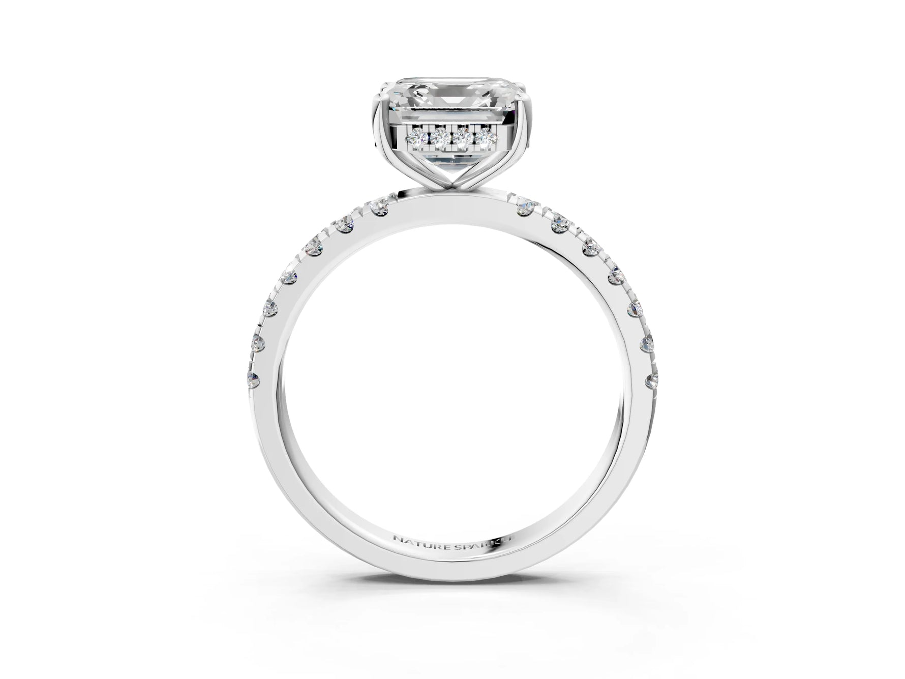 Asscher Cut Diamond Hidden Halo Engagement Ring in White gold with Round Pavé Band_21