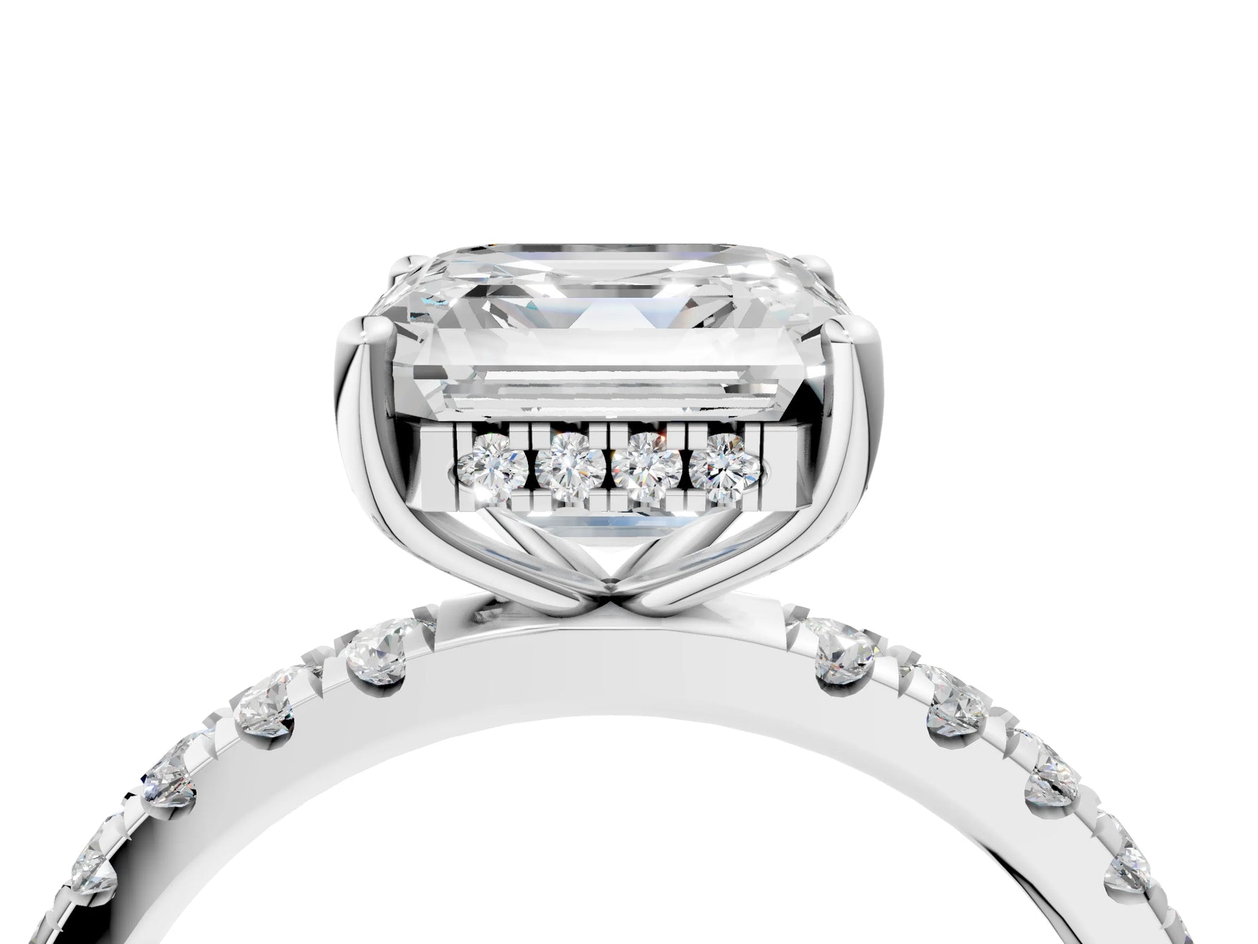Asscher Cut Diamond Hidden Halo Engagement Ring in White gold with Round Pavé Band_22