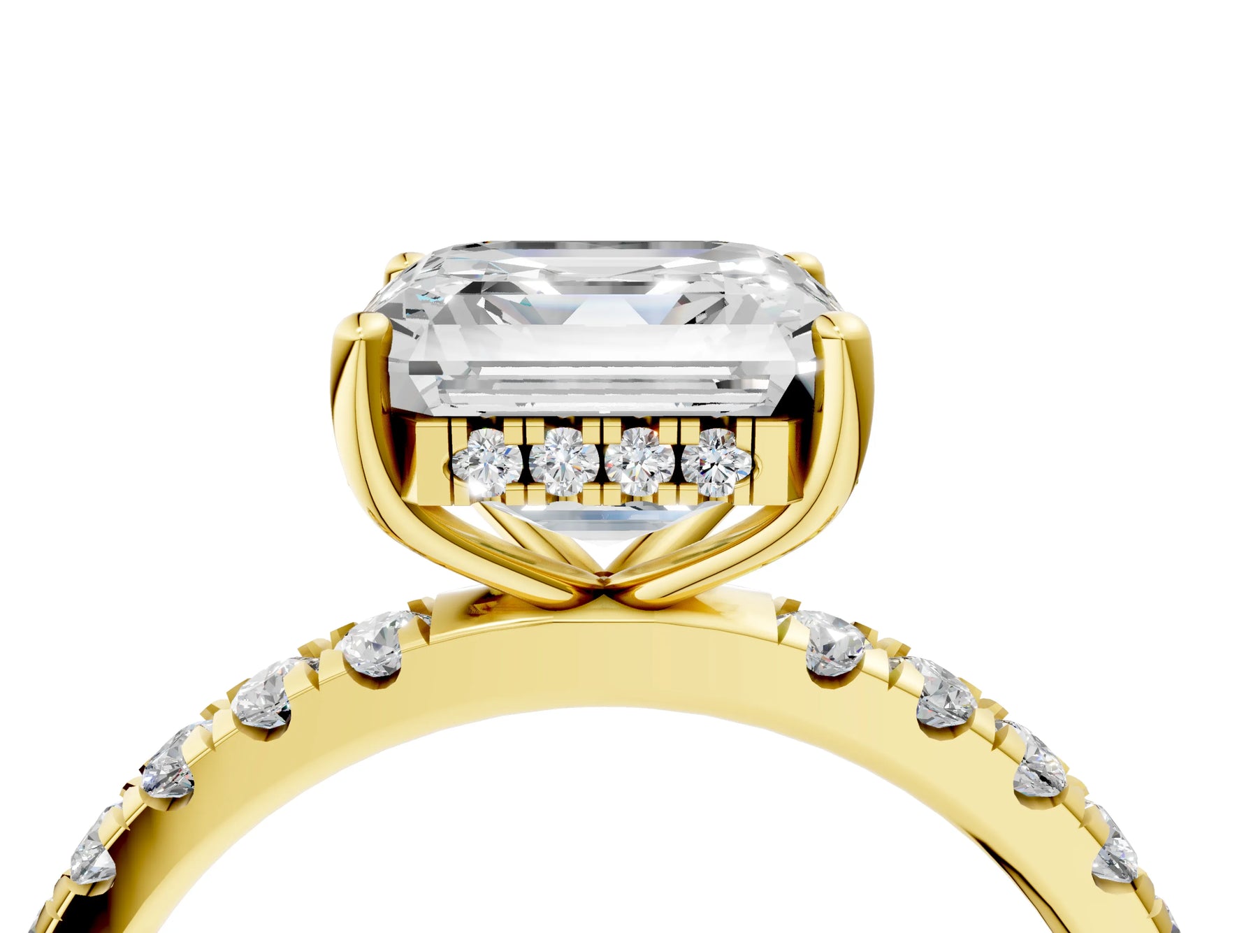 Asscher Cut Diamond Hidden Halo Engagement Ring in Yellow gold with Round Pavé Band_22