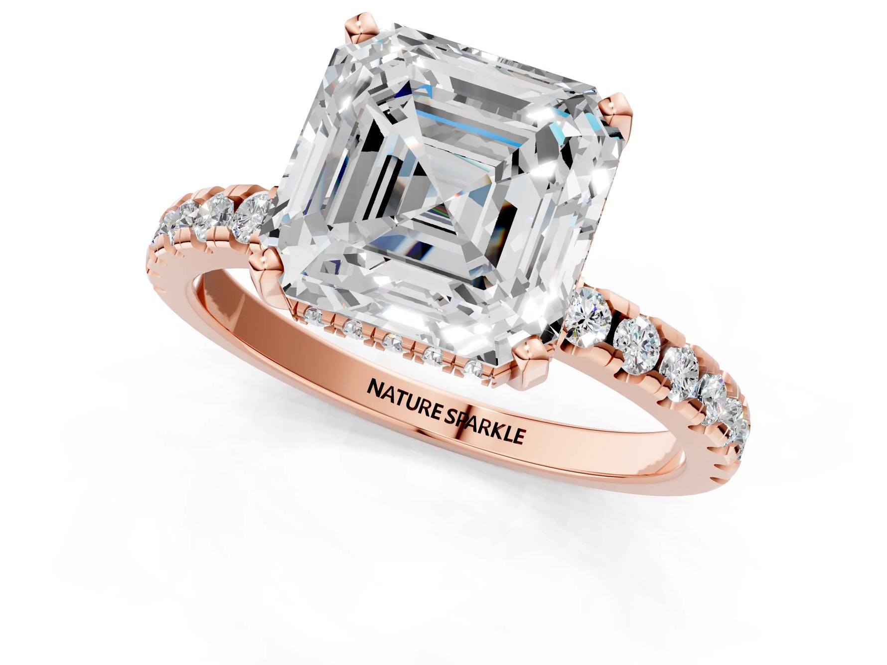 Asscher Cut Diamond Hidden Halo Solitaire Ring in Rose gold with Round Pavé Band and Prong Setting_61
