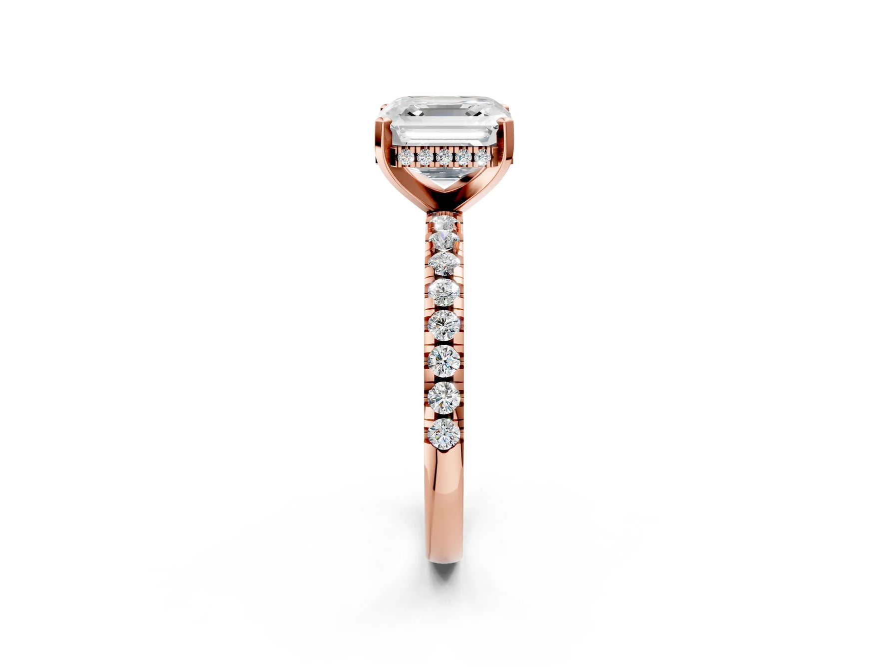 Asscher Cut Diamond Hidden Halo Solitaire Ring in Rose gold with Round Pavé Band and Prong Setting_62