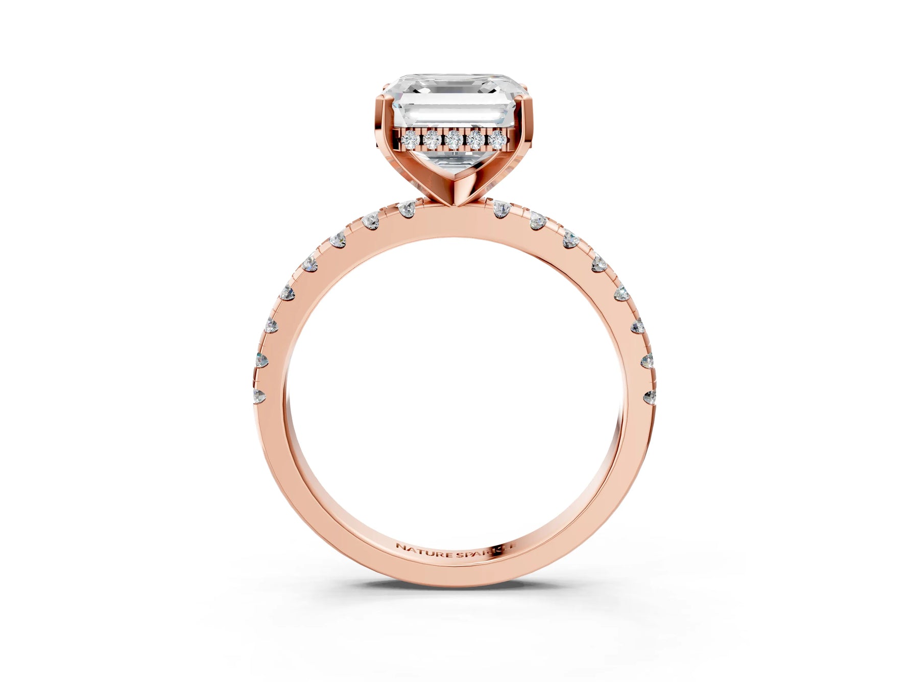 Asscher Cut Diamond Hidden Halo Solitaire Ring in Rose gold with Round Pavé Band and Prong Setting_63