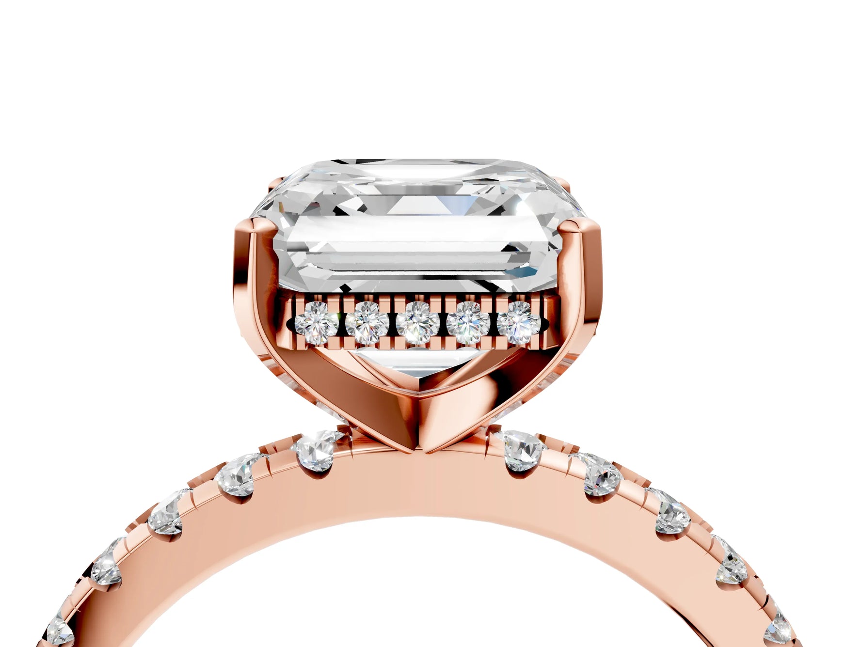 Asscher Cut Diamond Hidden Halo Solitaire Ring in Rose gold with Round Pavé Band and Prong Setting_64