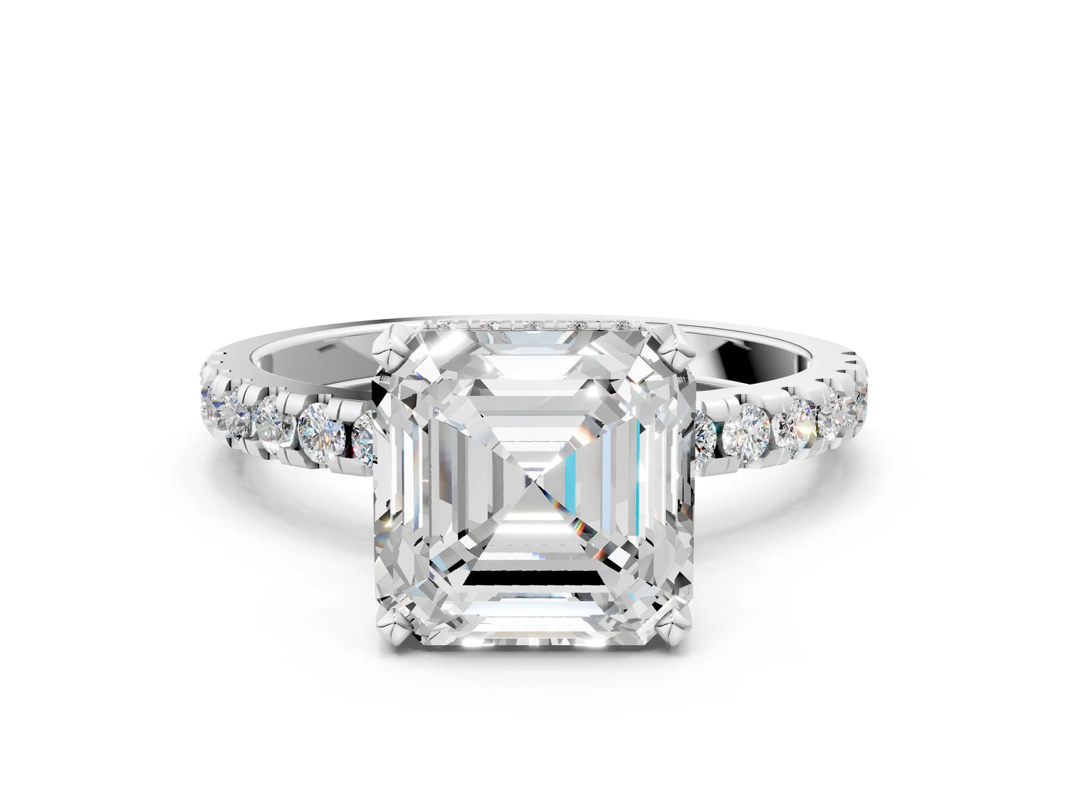 Asscher Cut Diamond Hidden Halo Solitaire Ring in White gold with Round Pavé Band and Prong Setting_60