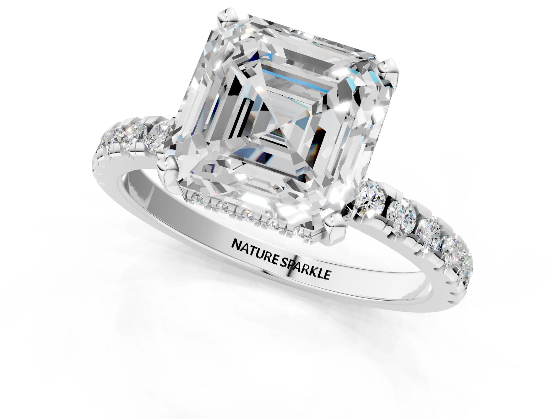 Asscher Cut Diamond Hidden Halo Solitaire Ring in White gold with Round Pavé Band and Prong Setting_61