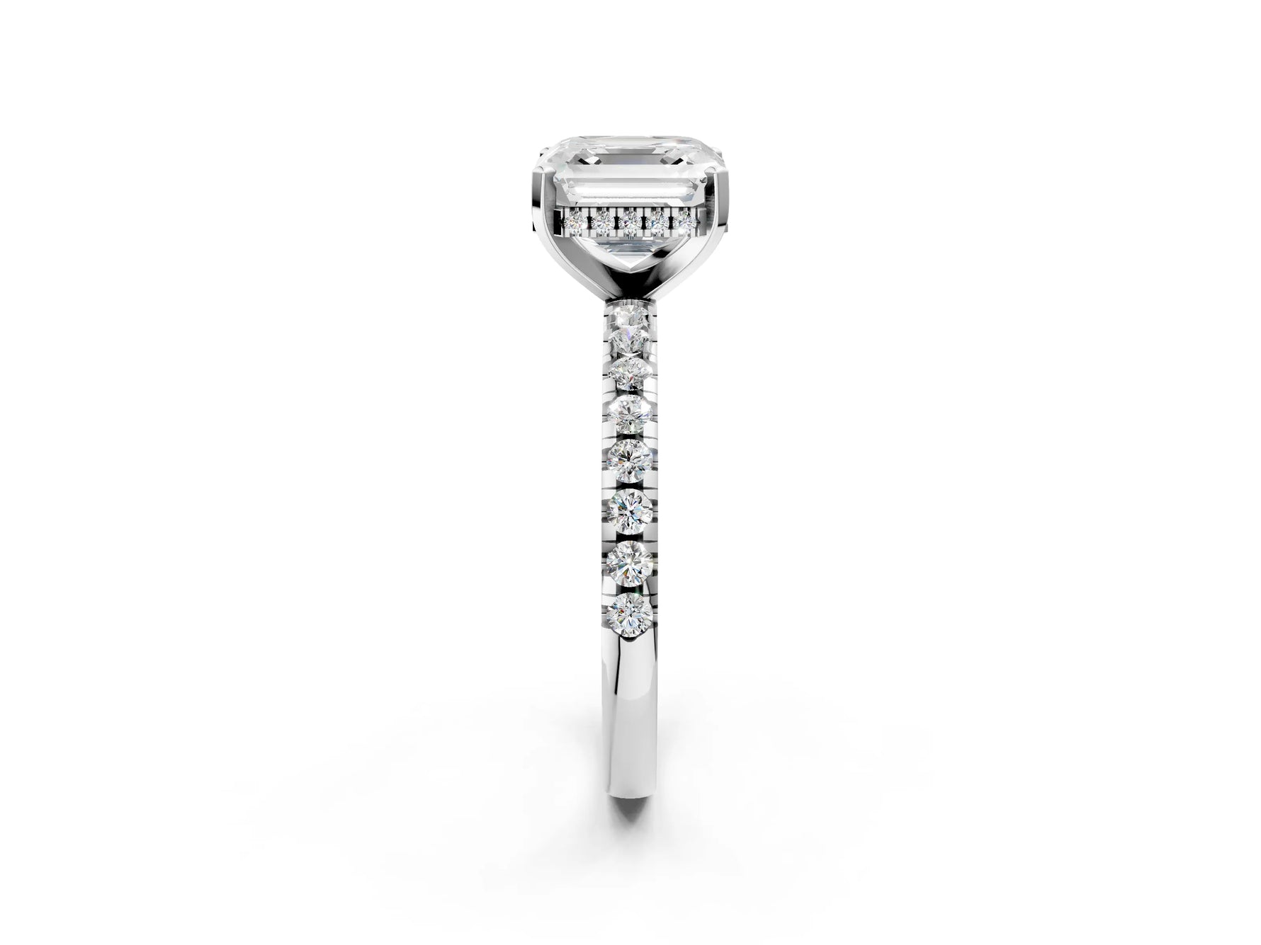 Asscher Cut Diamond Hidden Halo Solitaire Ring in White gold with Round Pavé Band and Prong Setting_62