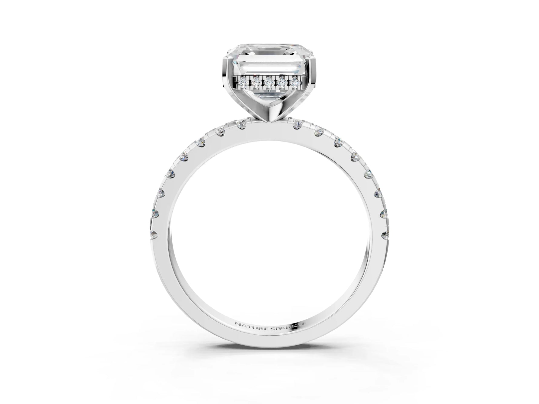 Asscher Cut Diamond Hidden Halo Solitaire Ring in White gold with Round Pavé Band and Prong Setting_63