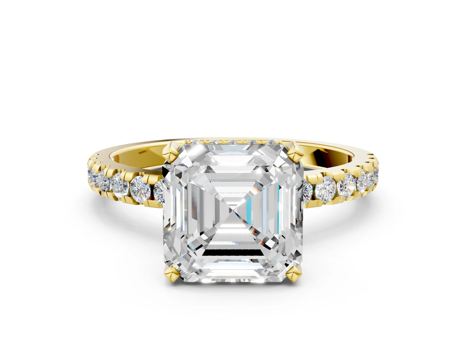 Asscher Cut Diamond Hidden Halo Solitaire Ring in Yellow gold with Round Pavé Band and Prong Setting_60