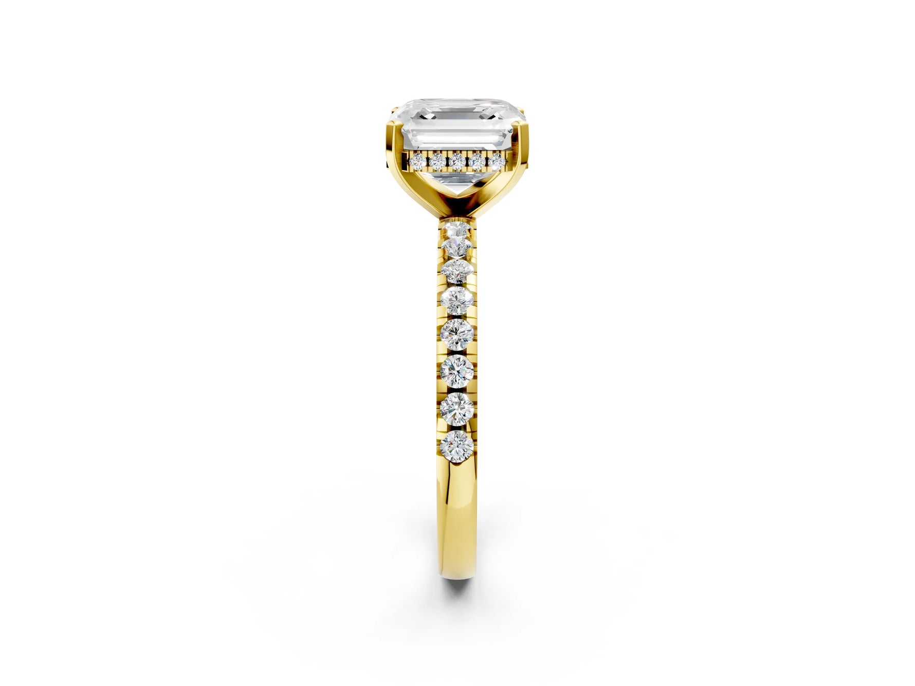 Asscher Cut Diamond Hidden Halo Solitaire Ring in Yellow gold with Round Pavé Band and Prong Setting_62