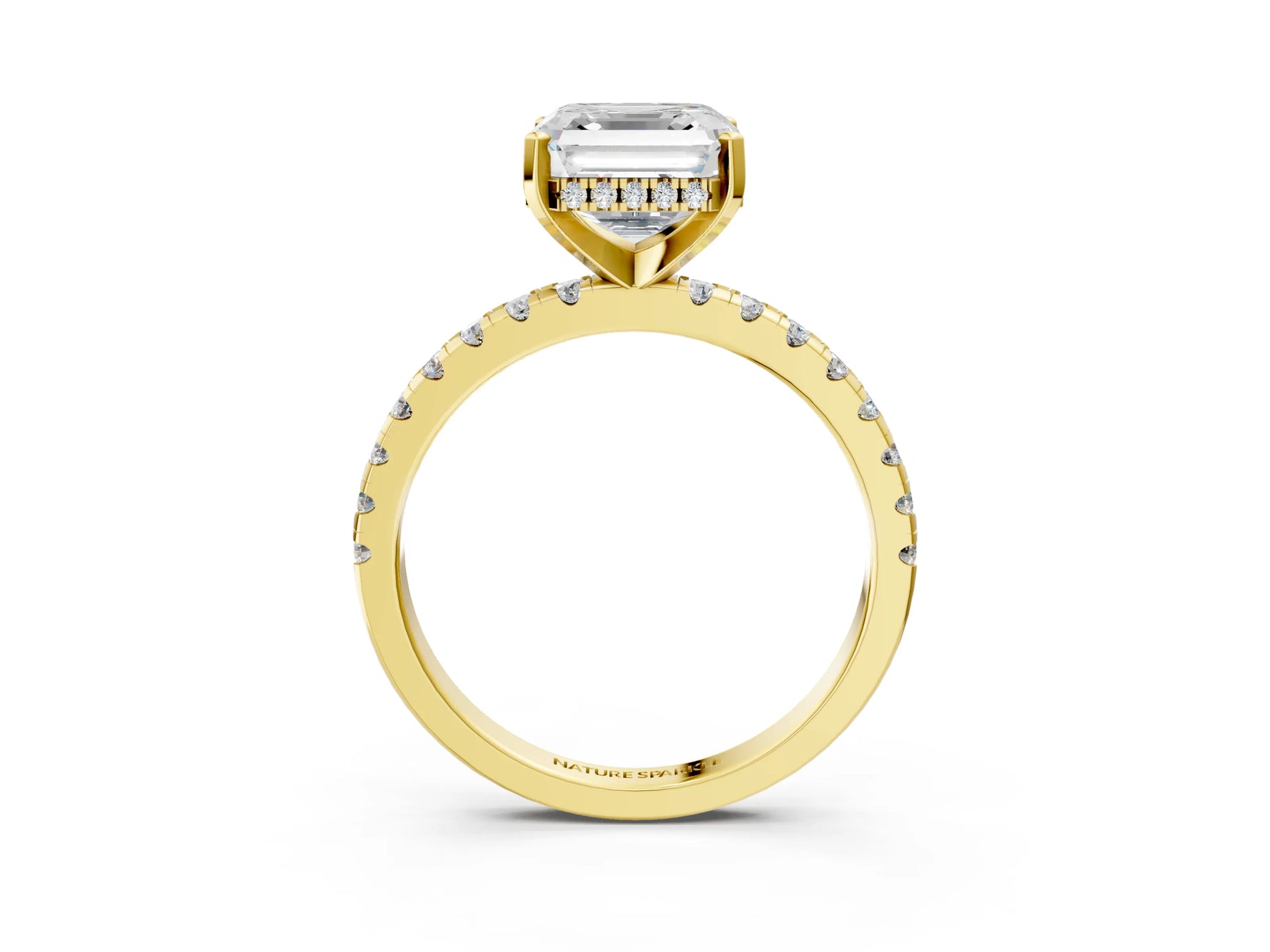 Asscher Cut Diamond Hidden Halo Solitaire Ring in Yellow gold with Round Pavé Band and Prong Setting_63