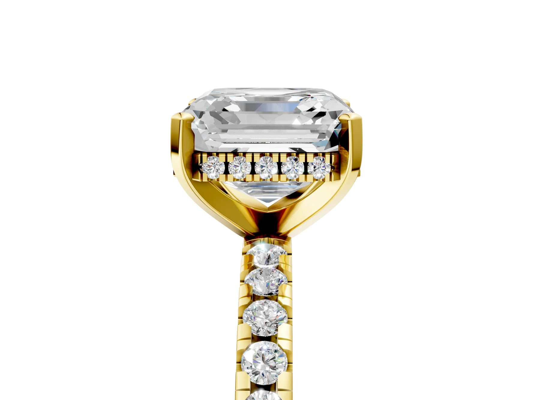 Asscher Cut Diamond Hidden Halo Solitaire Ring in Yellow gold with Round Pavé Band and Prong Setting_65