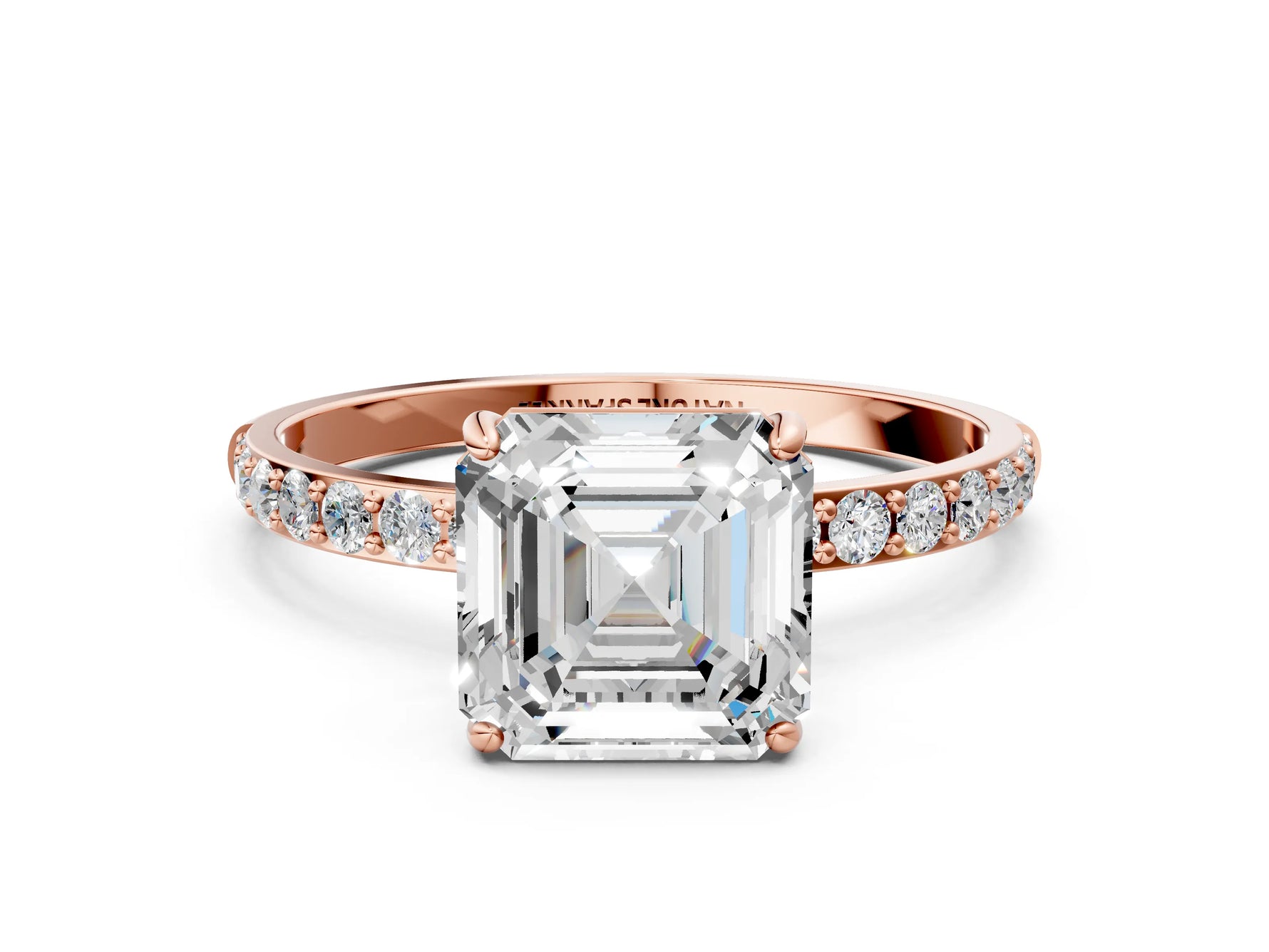Asscher Cut Diamond Pavé Band Solitaire Ring in Rose gold with Round Accents_24