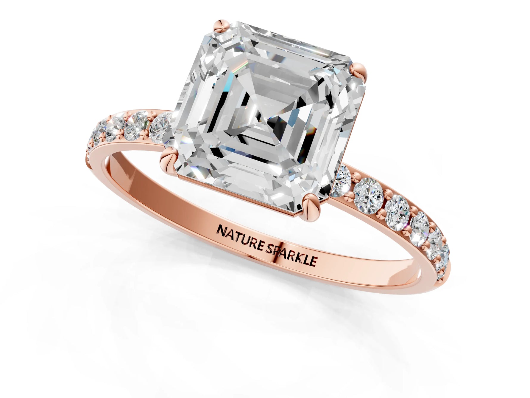 Asscher Cut Diamond Pavé Band Solitaire Ring in Rose gold with Round Accents_25
