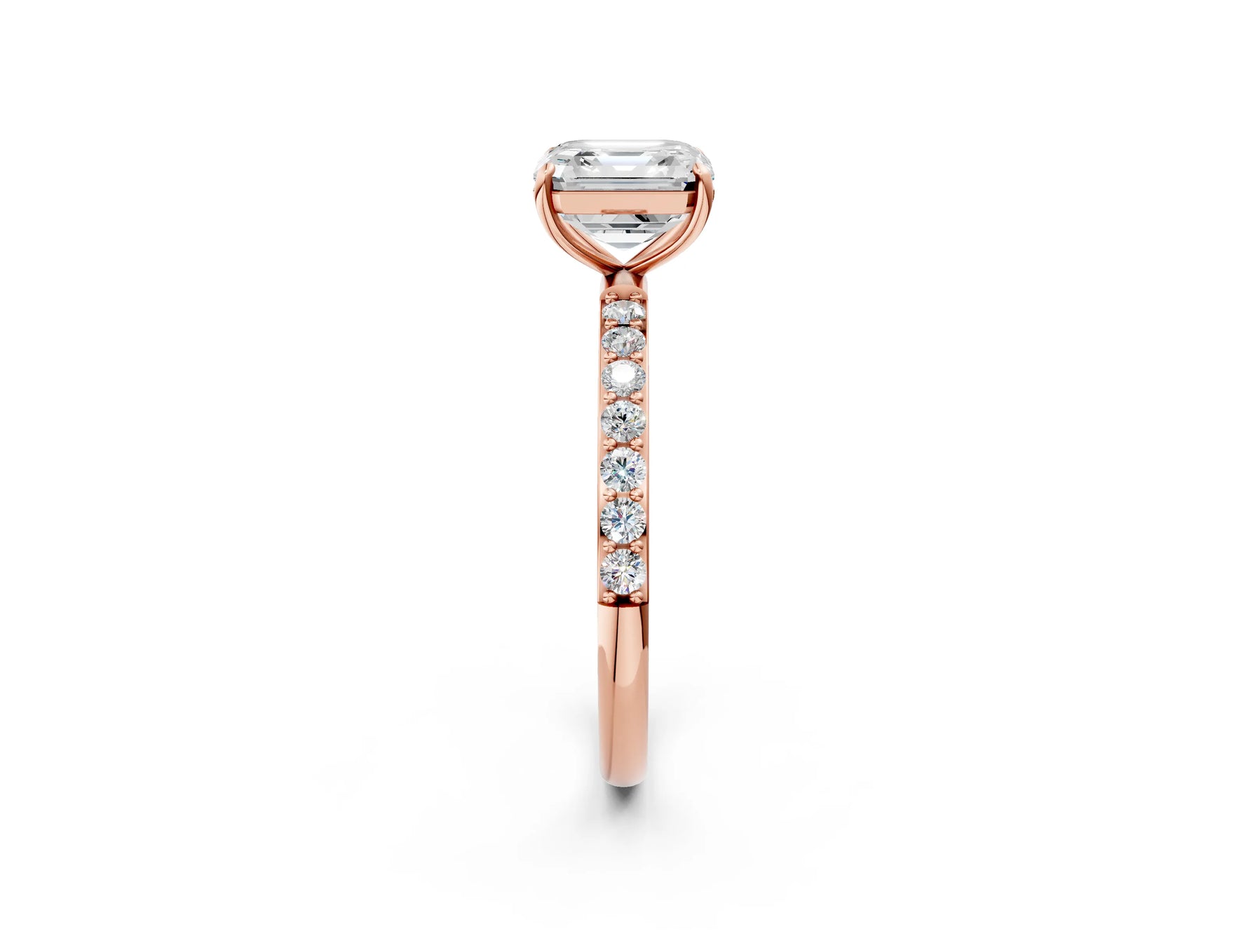 Asscher Cut Diamond Pavé Band Solitaire Ring in Rose gold with Round Accents_26