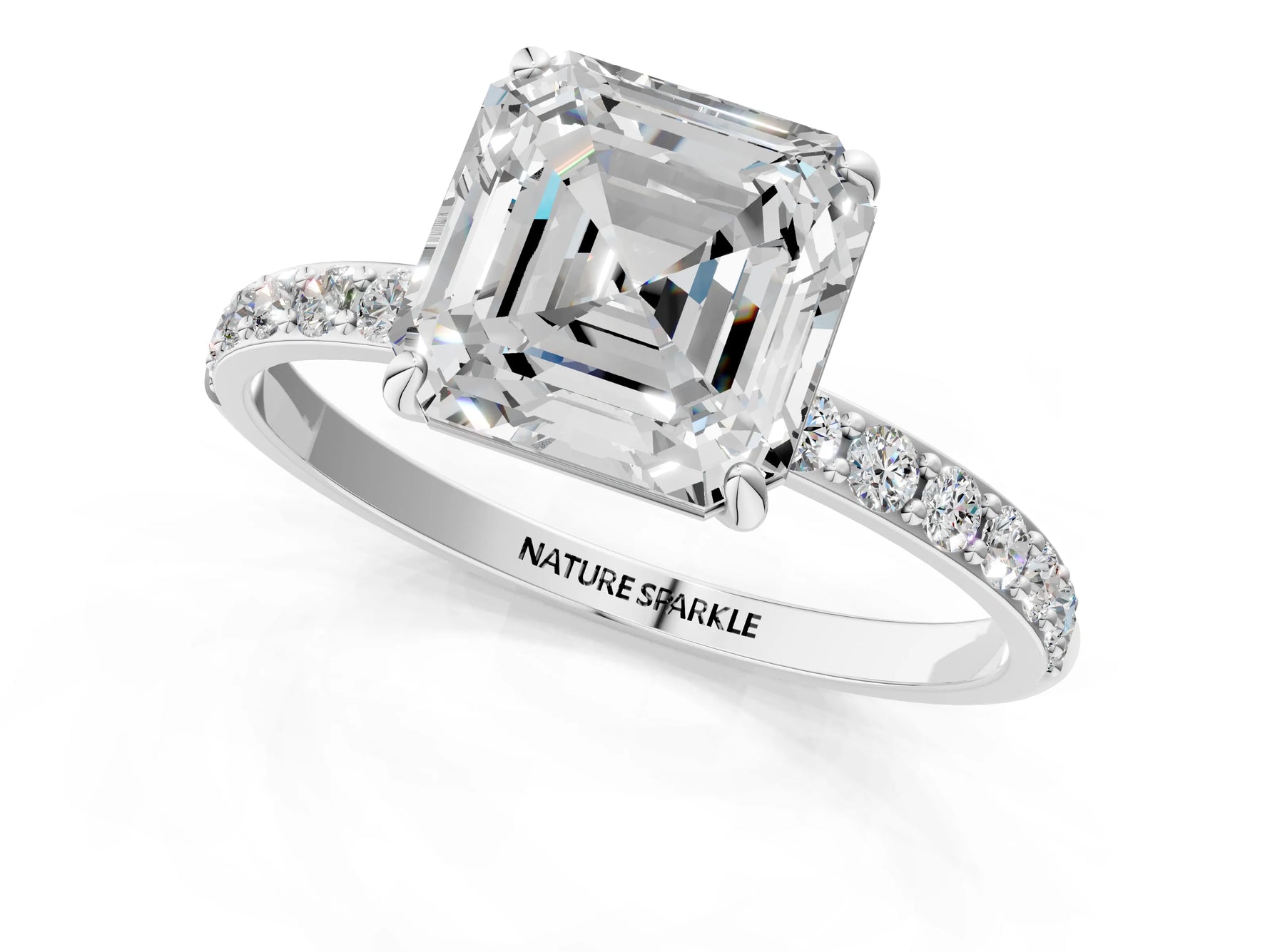 Asscher Cut Diamond Pavé Band Solitaire Ring in White gold with Round Accents_25