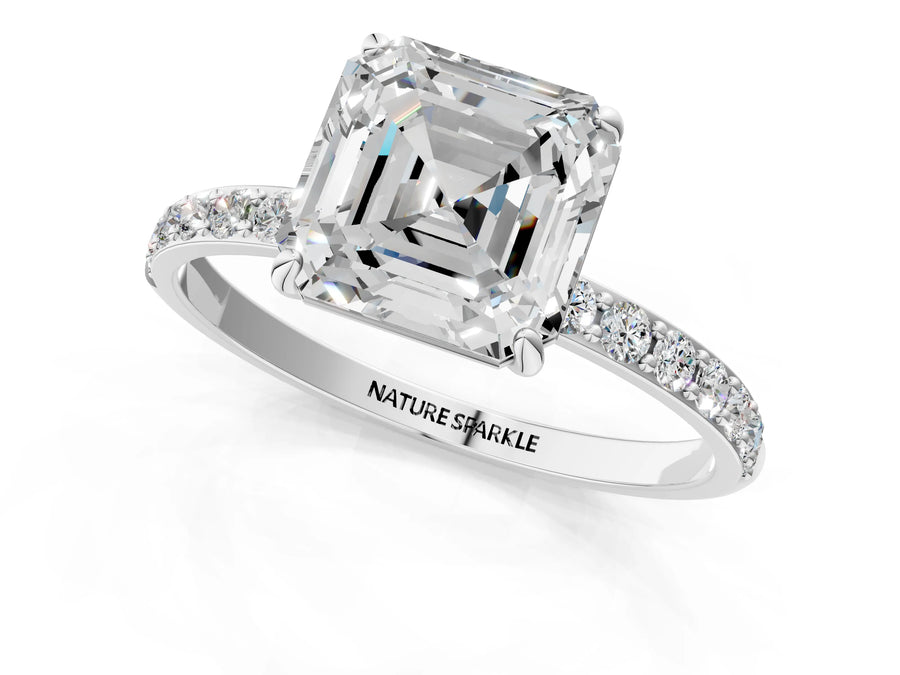 Asscher Cut Diamond Pavé Band Solitaire Ring in Silver with Round Accents
