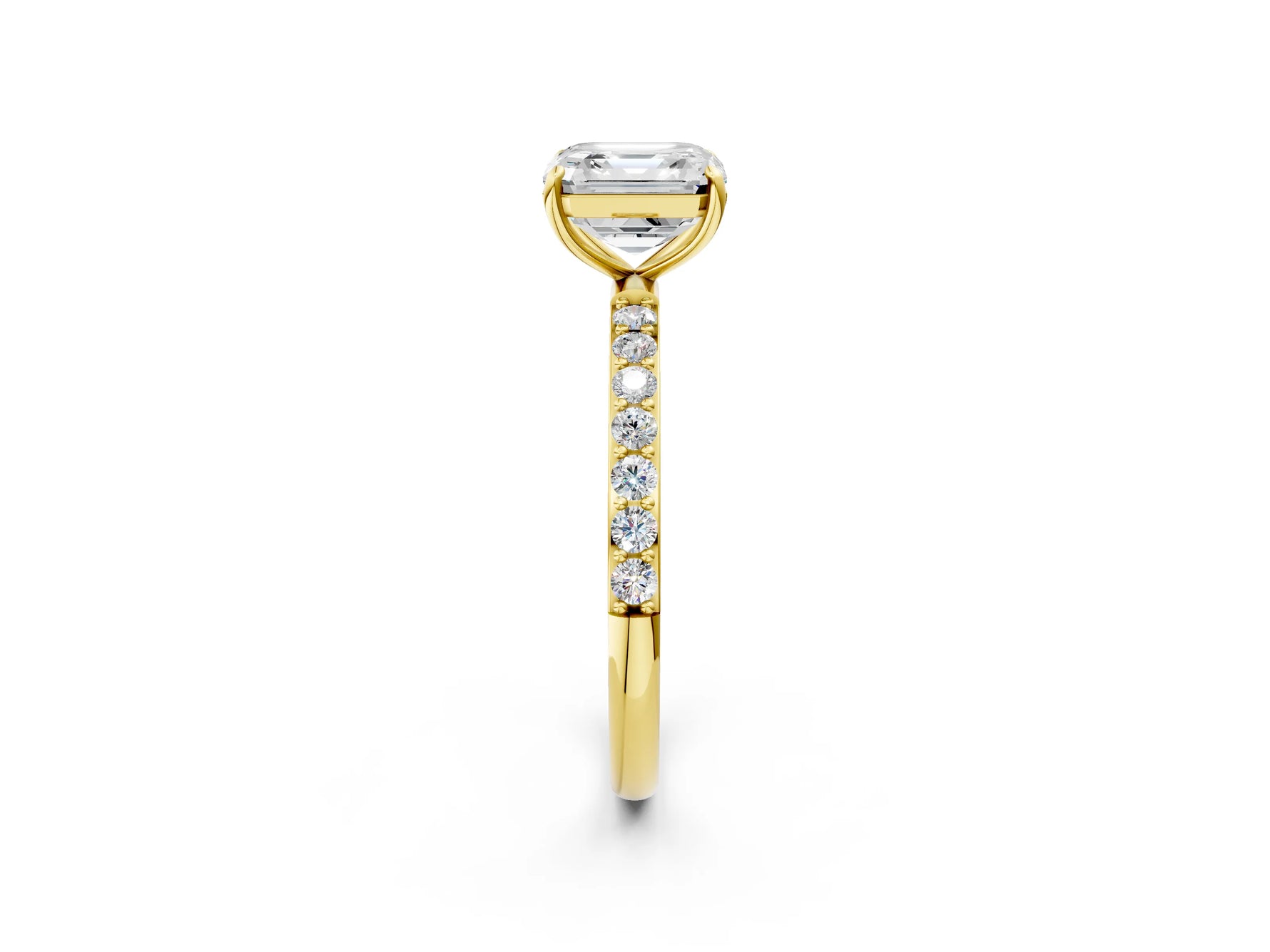 Asscher Cut Diamond Pavé Band Solitaire Ring in Yellow gold with Round Accents_26