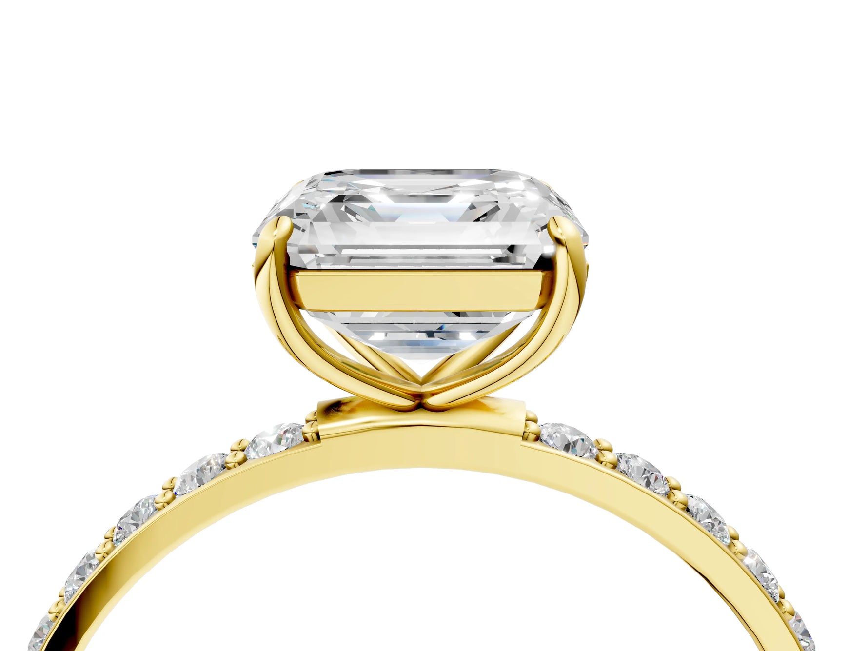 Asscher Cut Diamond Pavé Band Solitaire Ring in Yellow gold with Round Accents_28